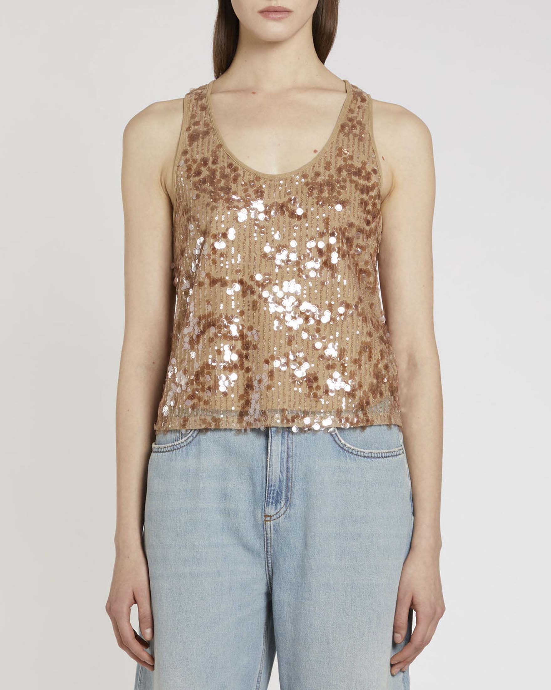 Top nude Marella Sport in tulle con pailettes decorative all over