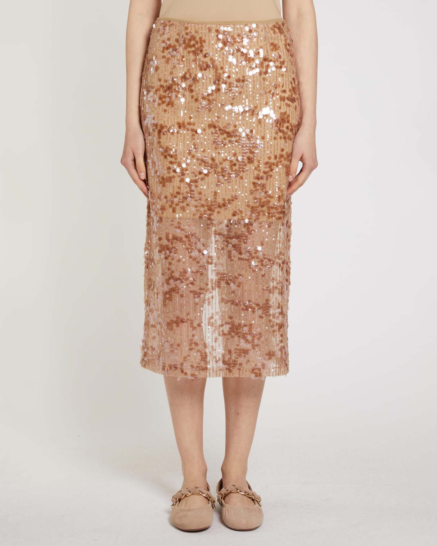 Gonna midi nude Marella Sport in tulle con pailettes decorative all over