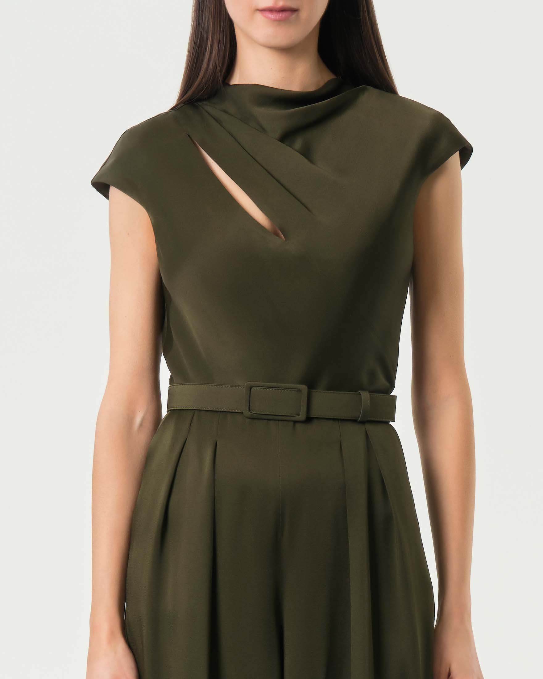 Tuta verde militare a maniche corte Max Mara Studio in envers satin con corpetto drappeggiato image