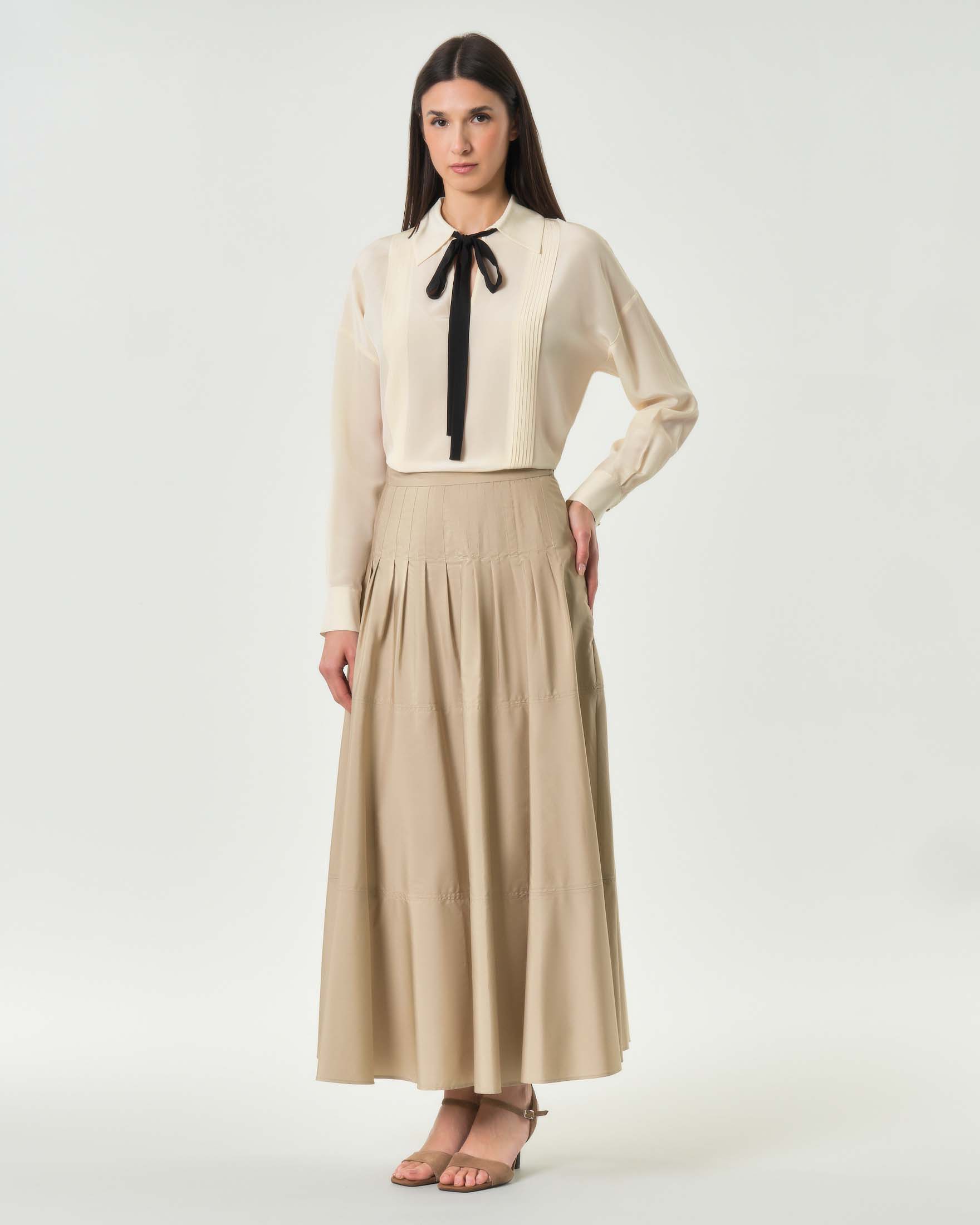 Gonna lunga Studio beige in popeline di puro cotone con motivo a corsetto in vita