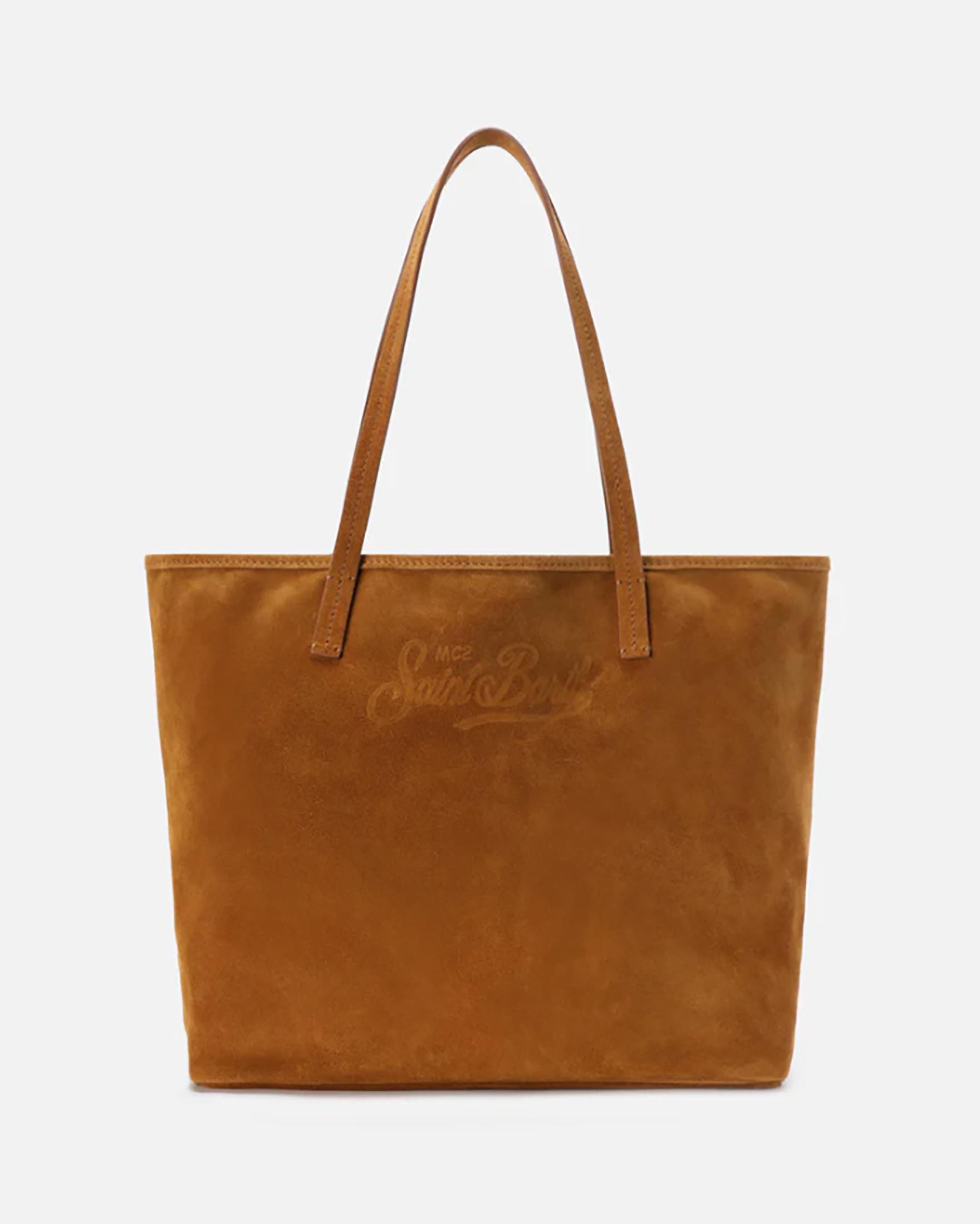 Borsa City in suede color cuoio con chiusura a zip e doppio manico lungo