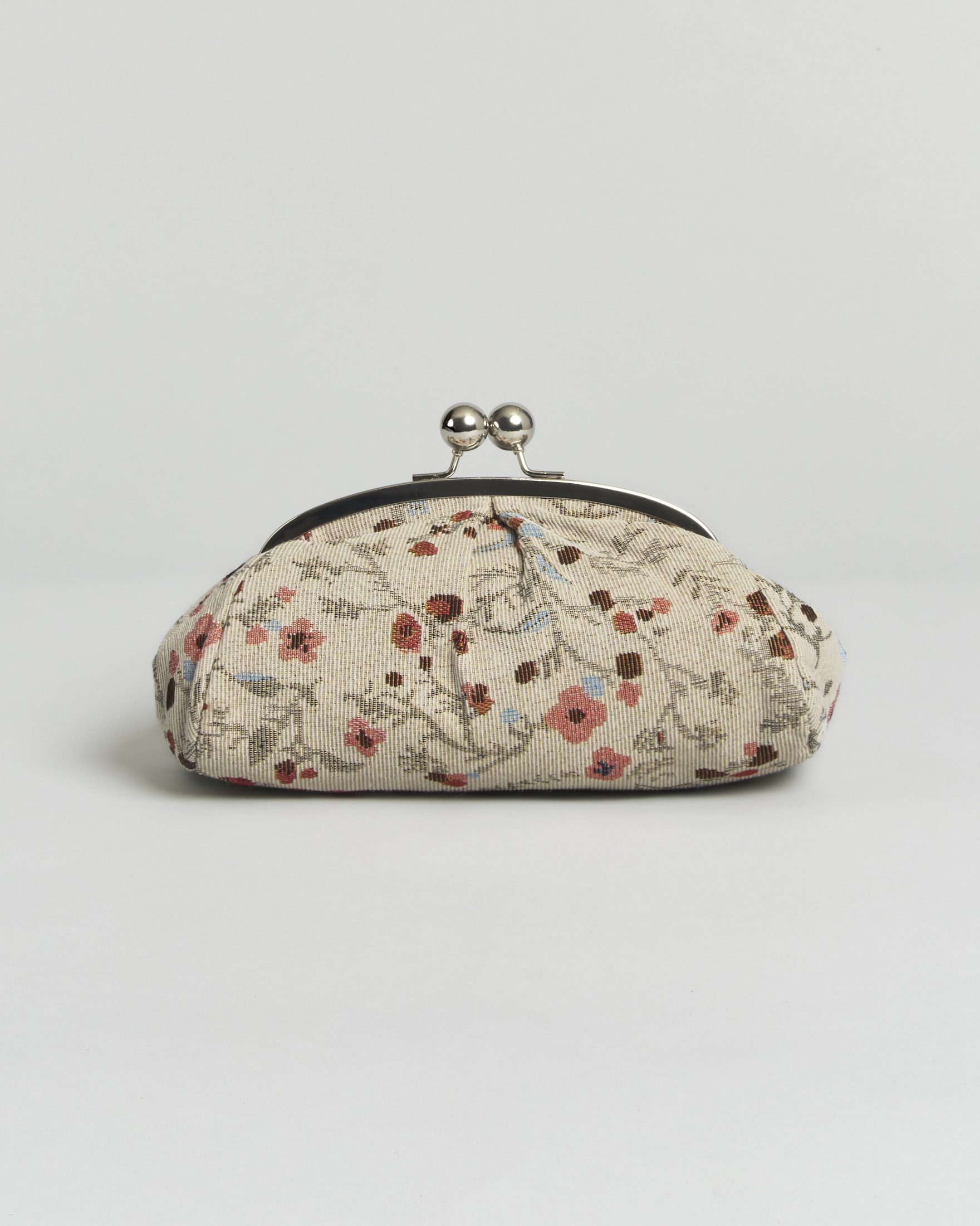 Clutch piccola Hlo! avorio in jacquard a ricami floreali con chiusura e tracolla a catena argento