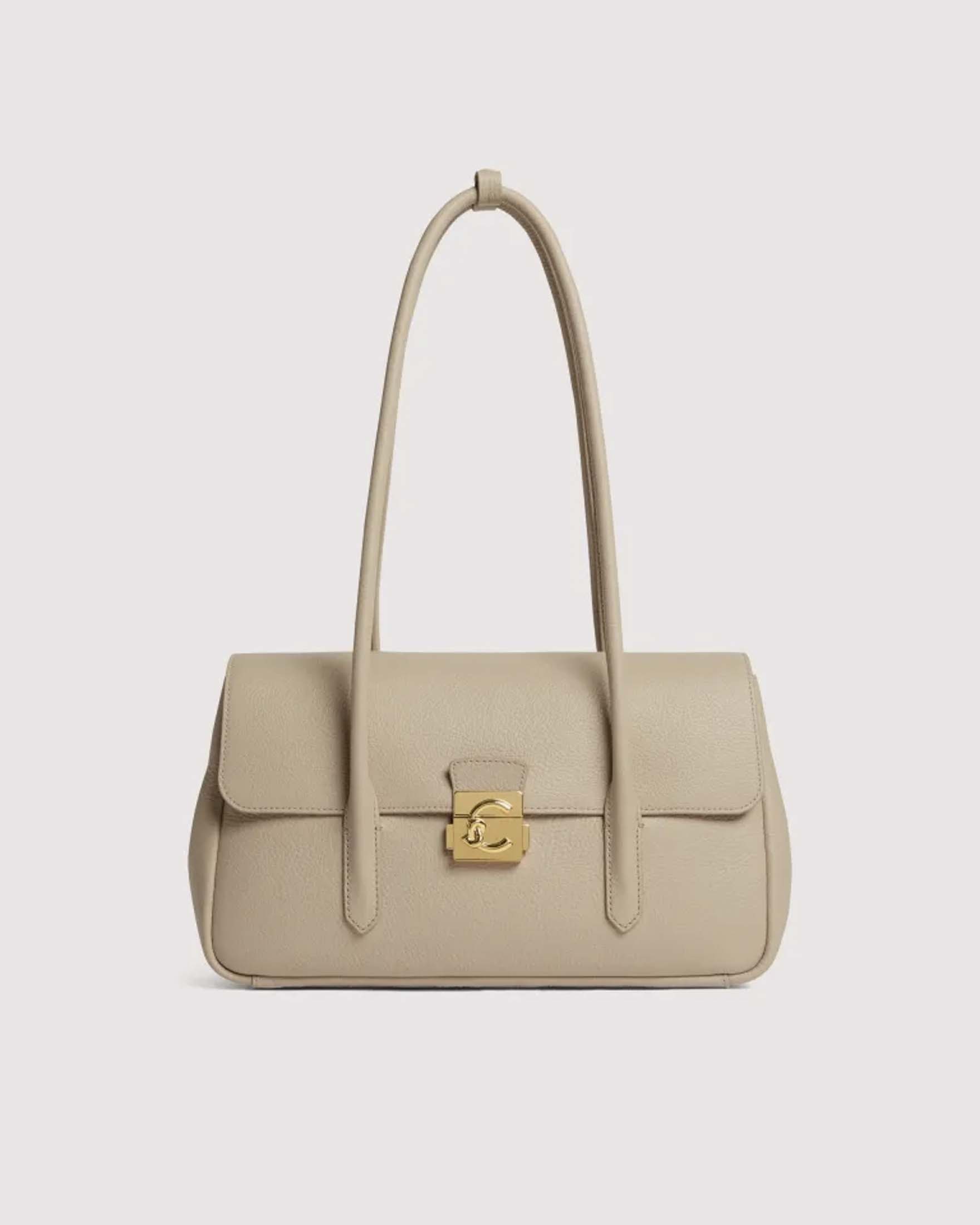 Borsa a mano C-Me Lock Large Coccinelle in pelle bottalata beige con chiusura tuc e logo