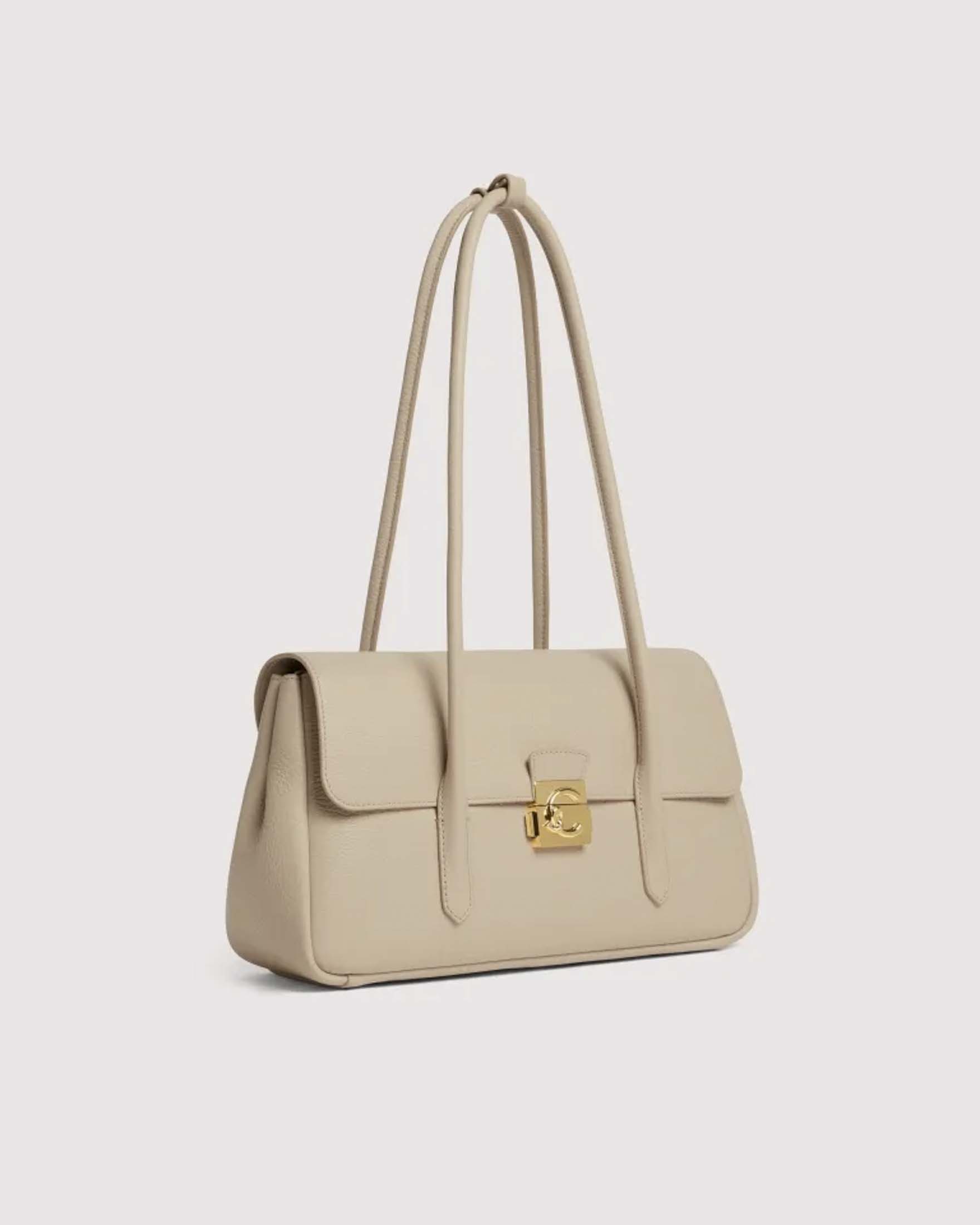 Borsa a mano C-Me Lock Large Coccinelle in pelle bottalata beige con chiusura tuc e logo image