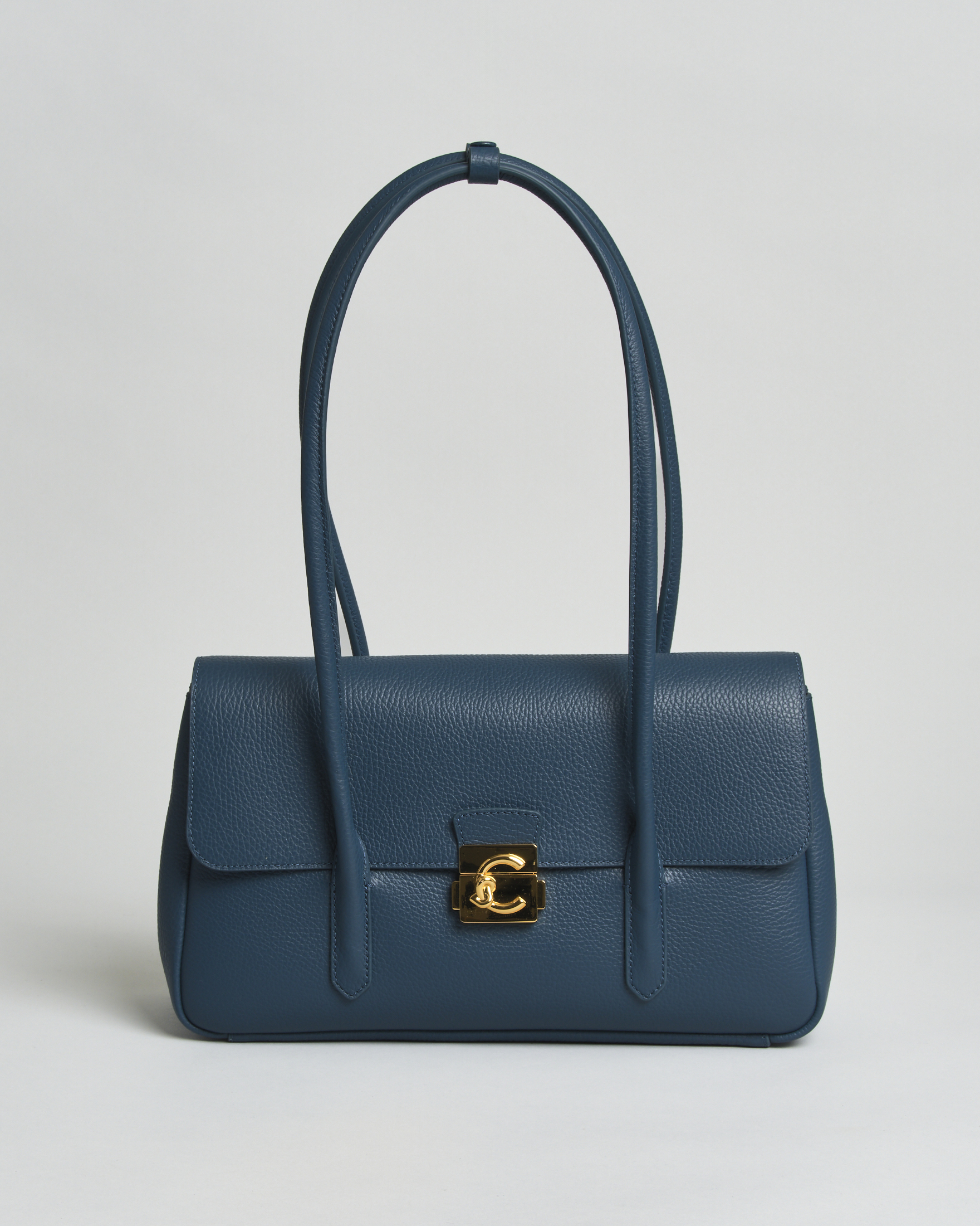 Borsa a mano C-Me Lock Large Coccinelle in pelle bottalata ottanio con chiusura tuc e logo