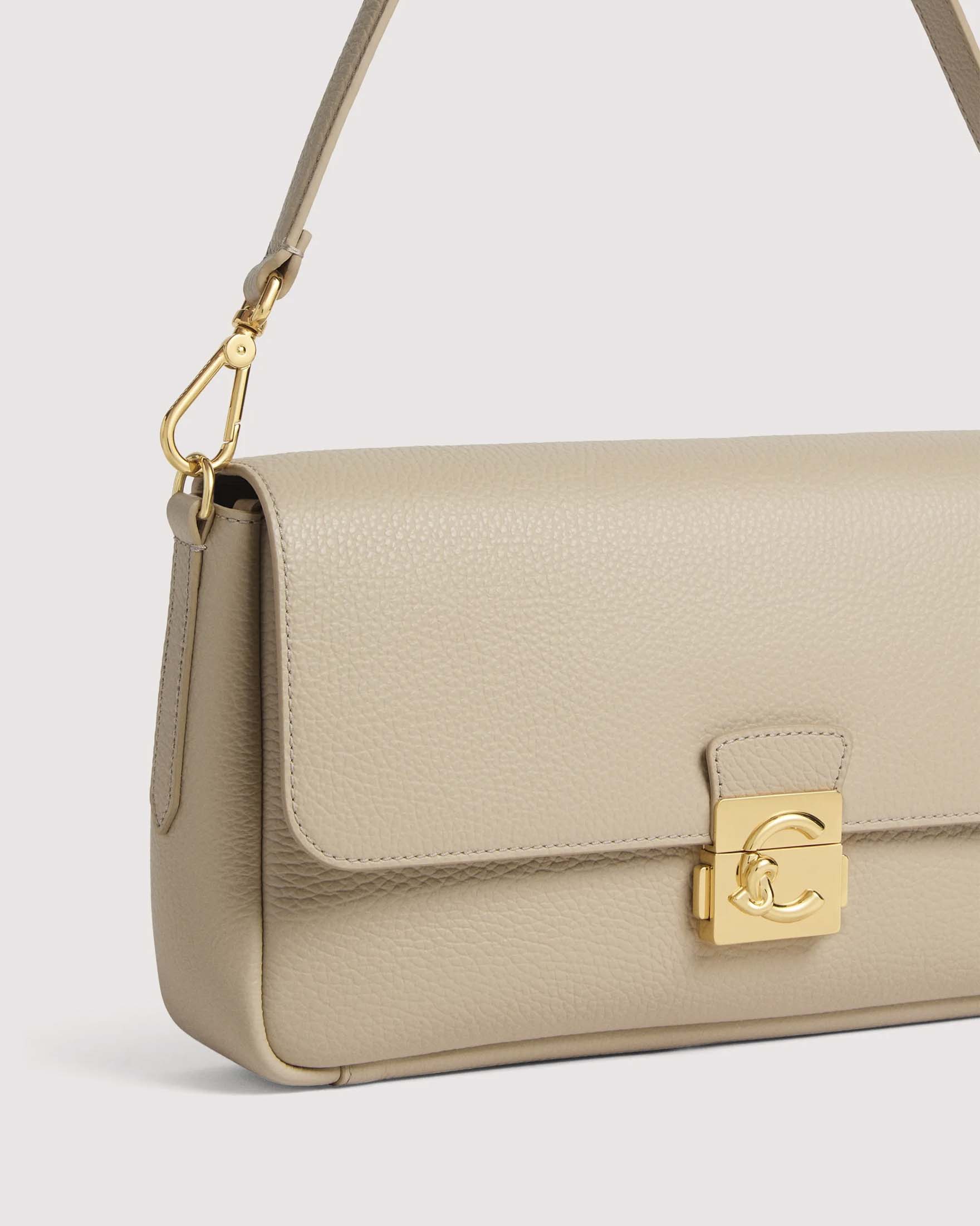 Borsa a spalla C-Me Lock Large Coccinelle in pelle beige con manico e tracolla removibili
