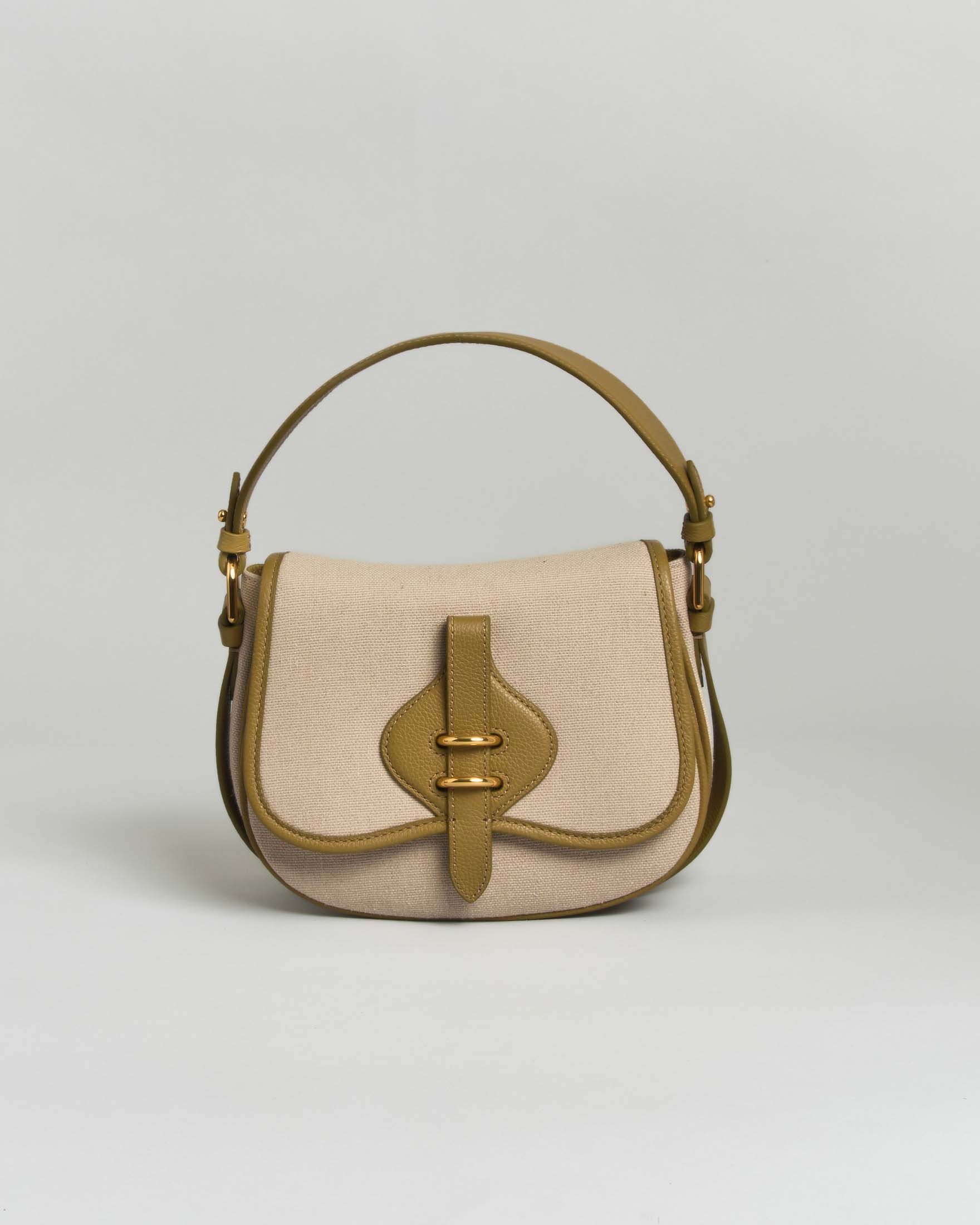Borsa a mano Mavery Small in canvas con dettagli in pelle verde oliva e tracolla