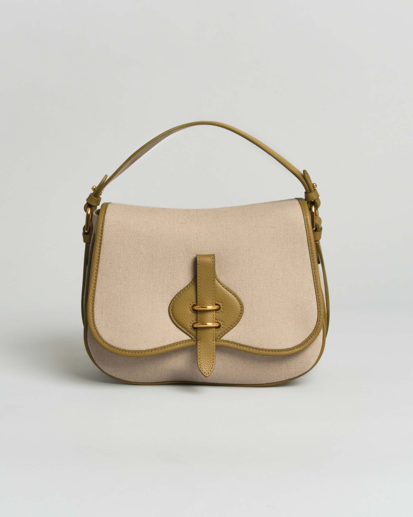 Borsa a mano Mavery Medium Coccinelle in canvas con dettagli in pelle verde oliva e tracolla