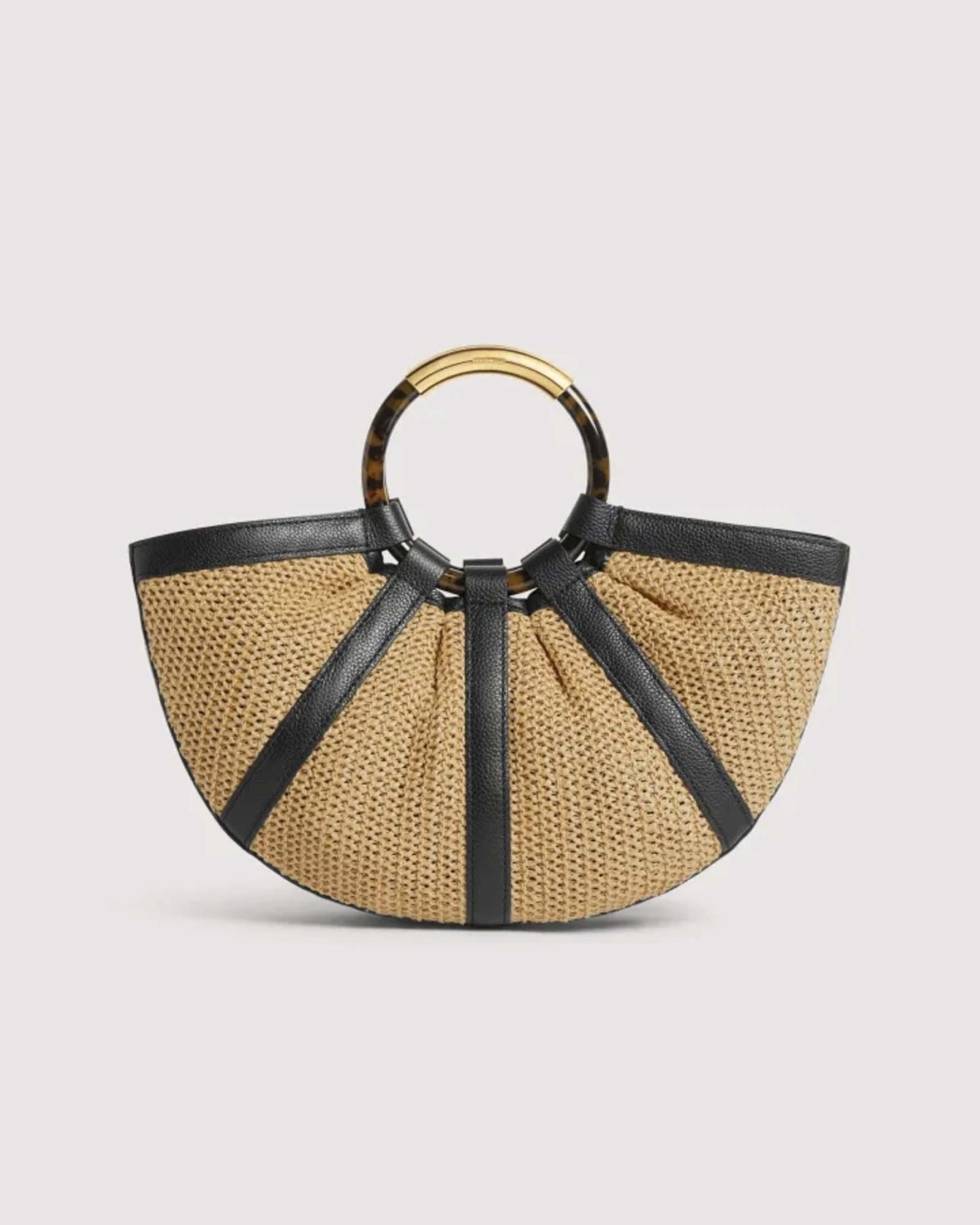 Borsa a mano Shell Small in rafia e pelle nera con manici tondi