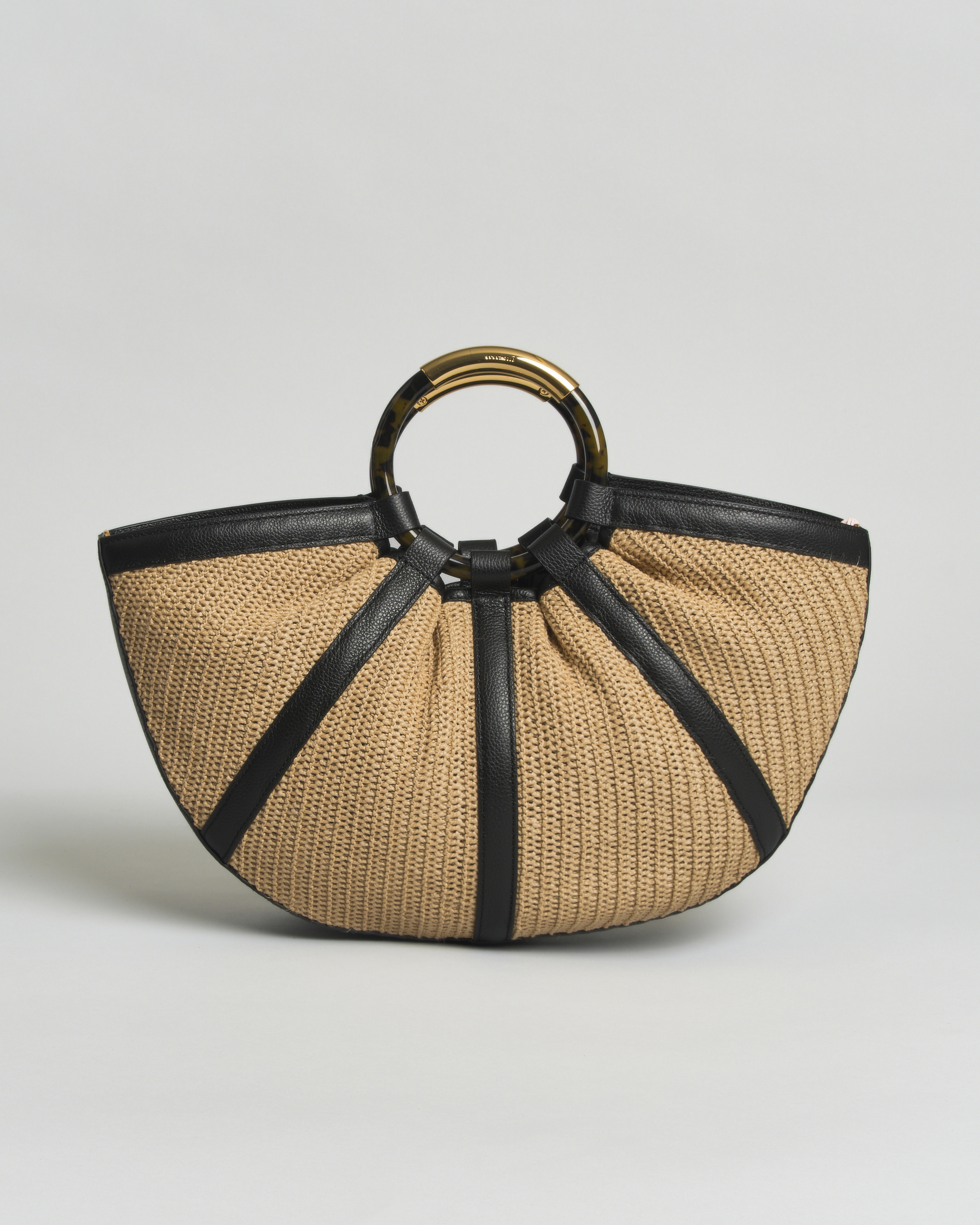 Borsa a mano Shell Medium in rafia e pelle nera Coccinelle con manici tondi