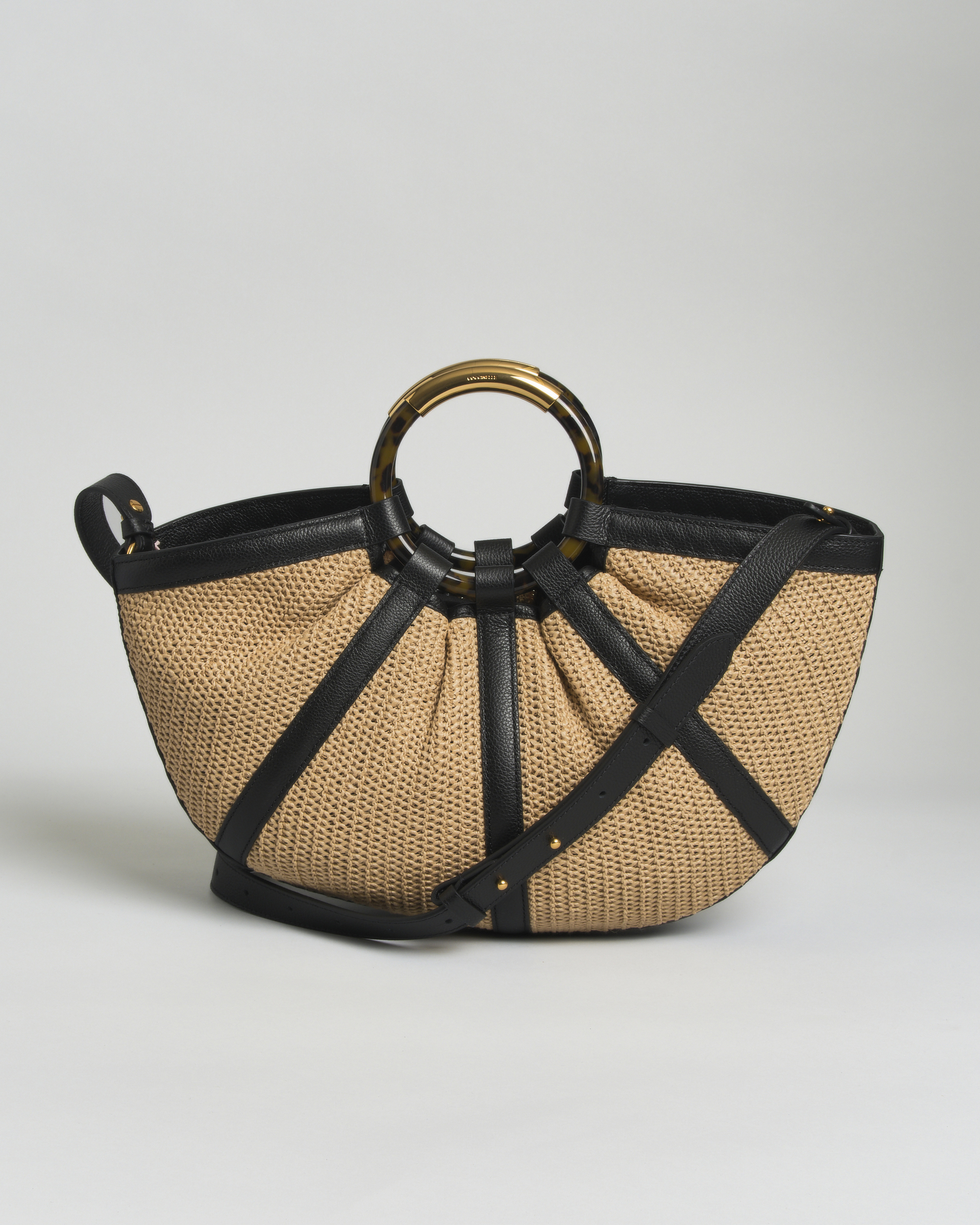 Borsa a mano Shell Medium in rafia e pelle nera Coccinelle con manici tondi