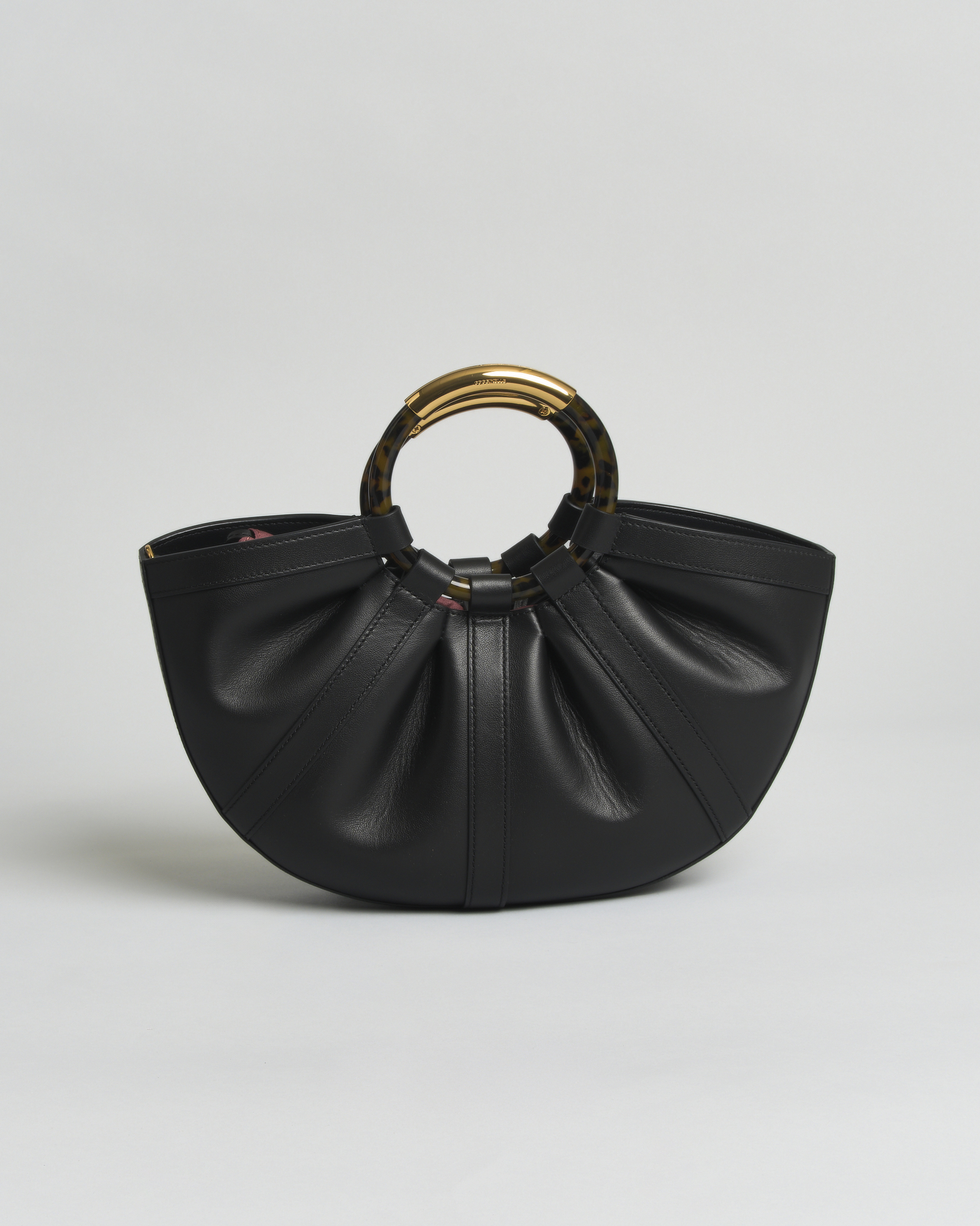 Borsa a mano Shell Small in pelle liscia nera con manici effetto tartaruga