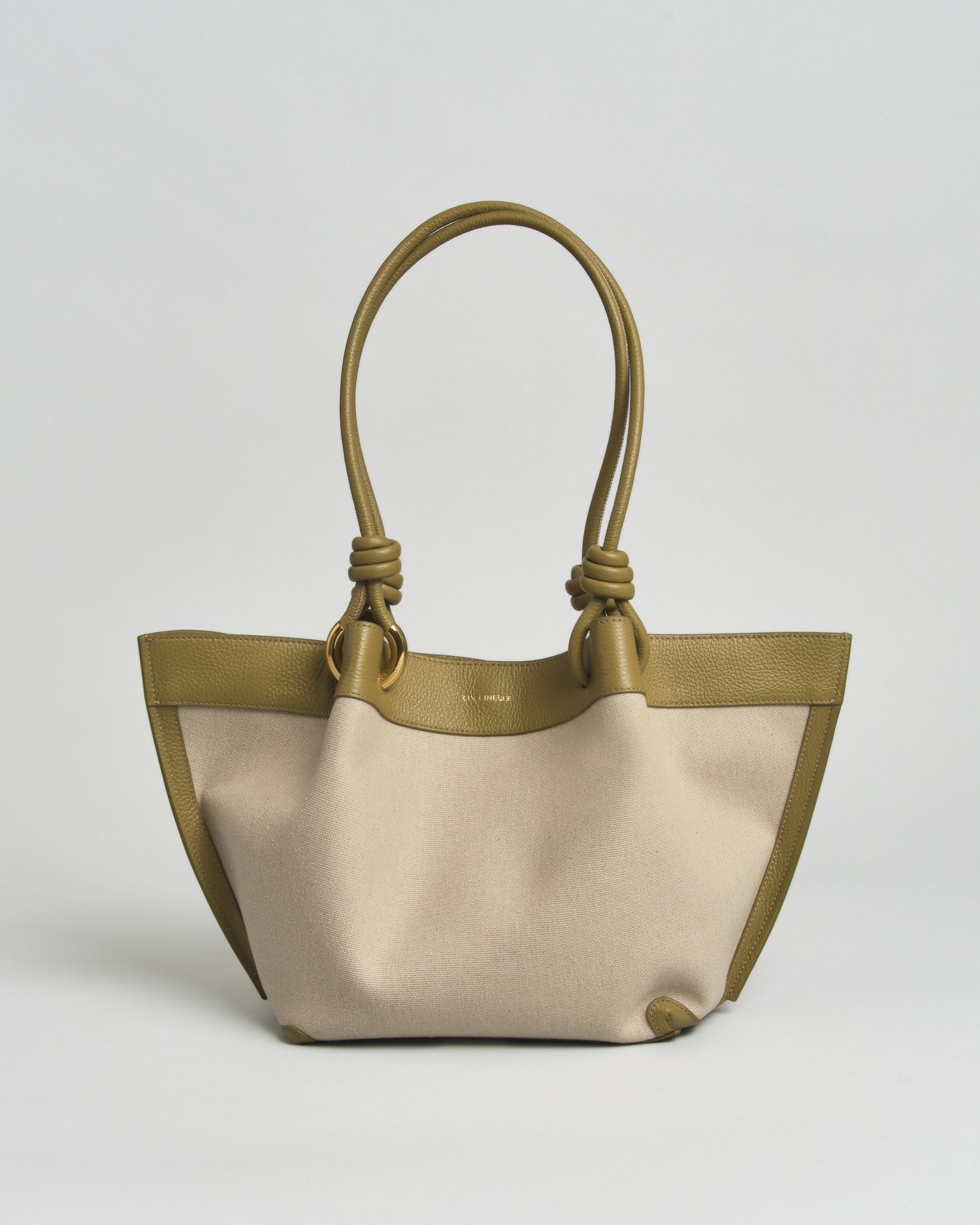 Borsa shopper Finn Medium Coccinelle in canvas con inserti e manici verdi militare in pelle