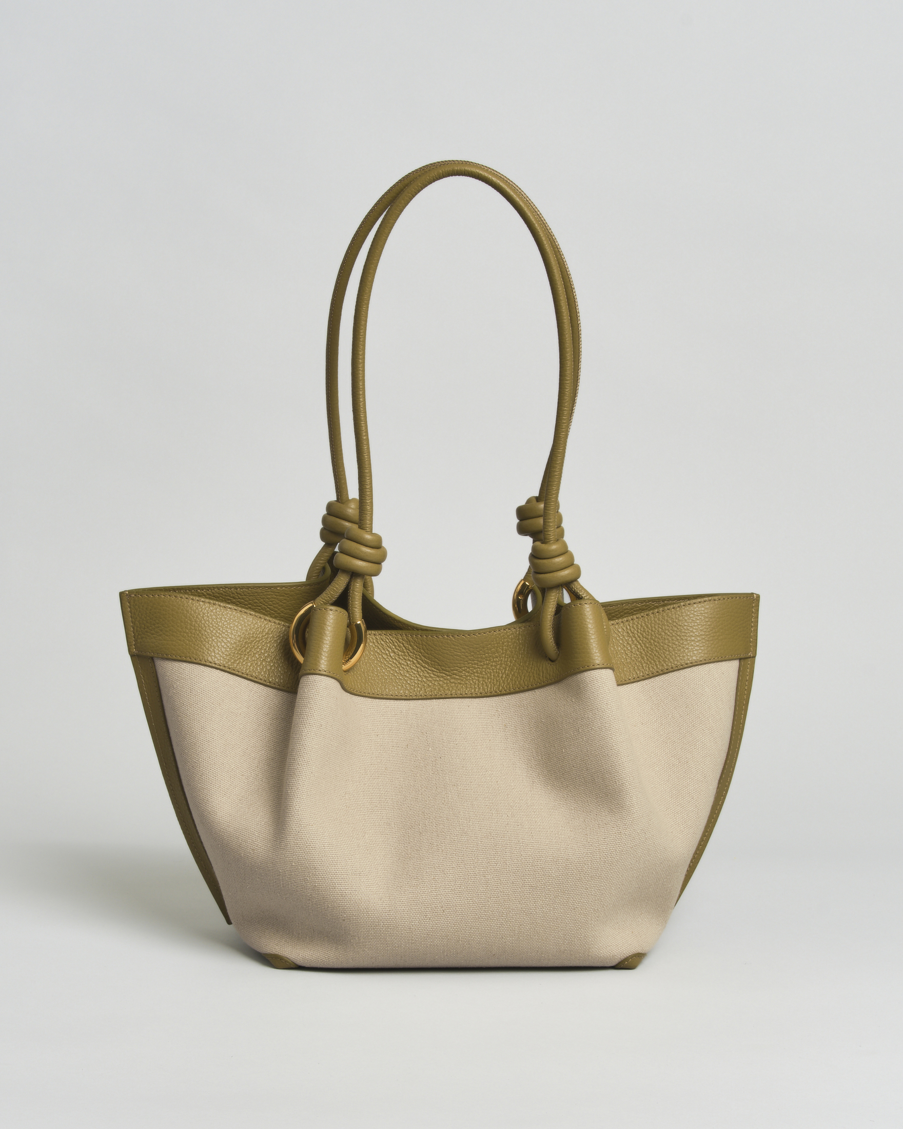 Borsa shopper Finn Medium Coccinelle in canvas con inserti e manici verdi militare in pelle
