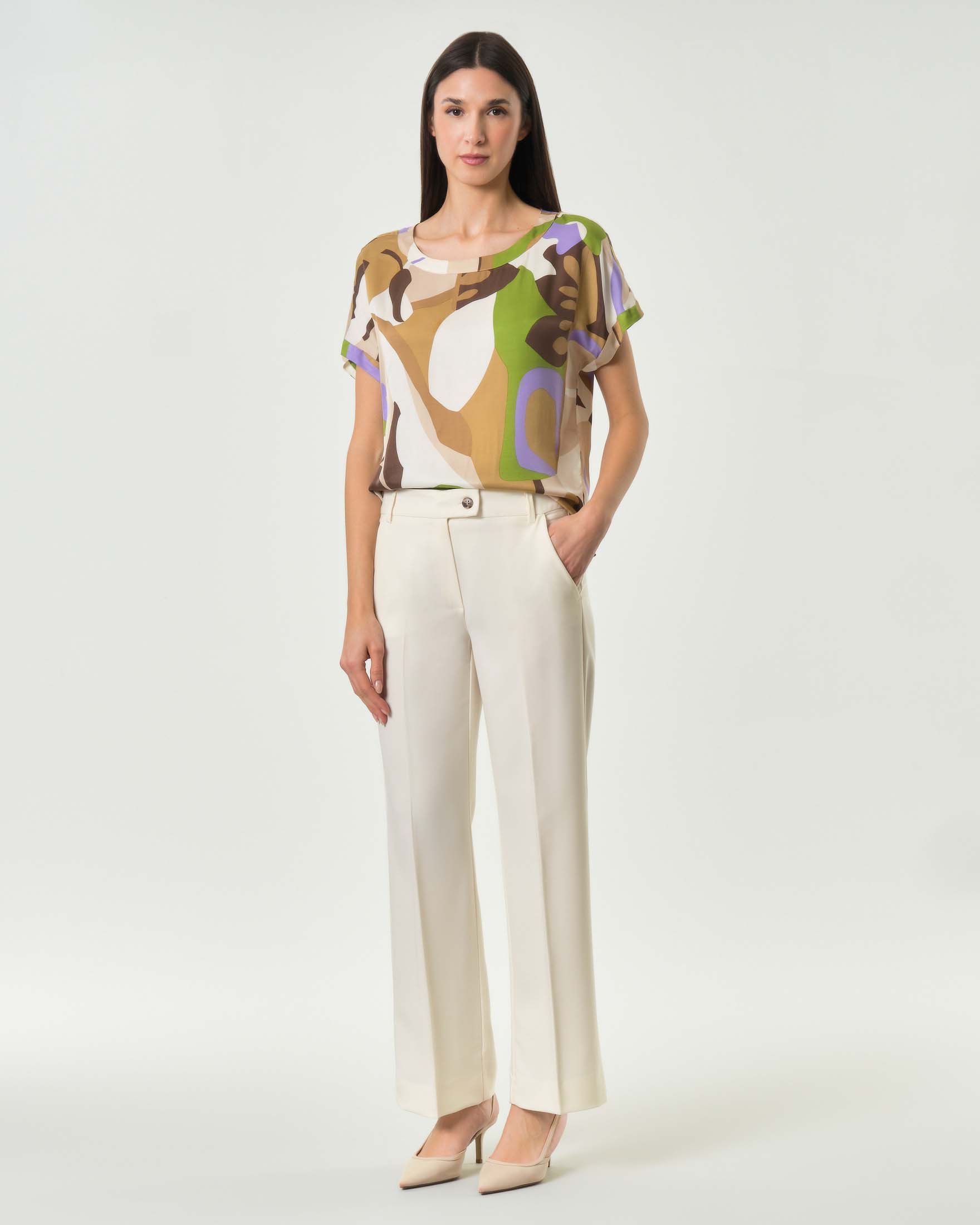 Pantalone dritto color avorio in tessuto stretch