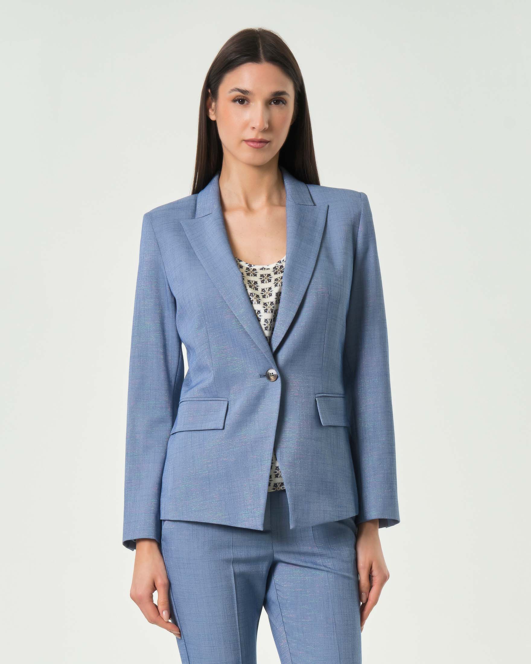 Blazer monopetto Emme Marella blu denim in misto viscosa con filo lamé e tasche a filetto con patta
