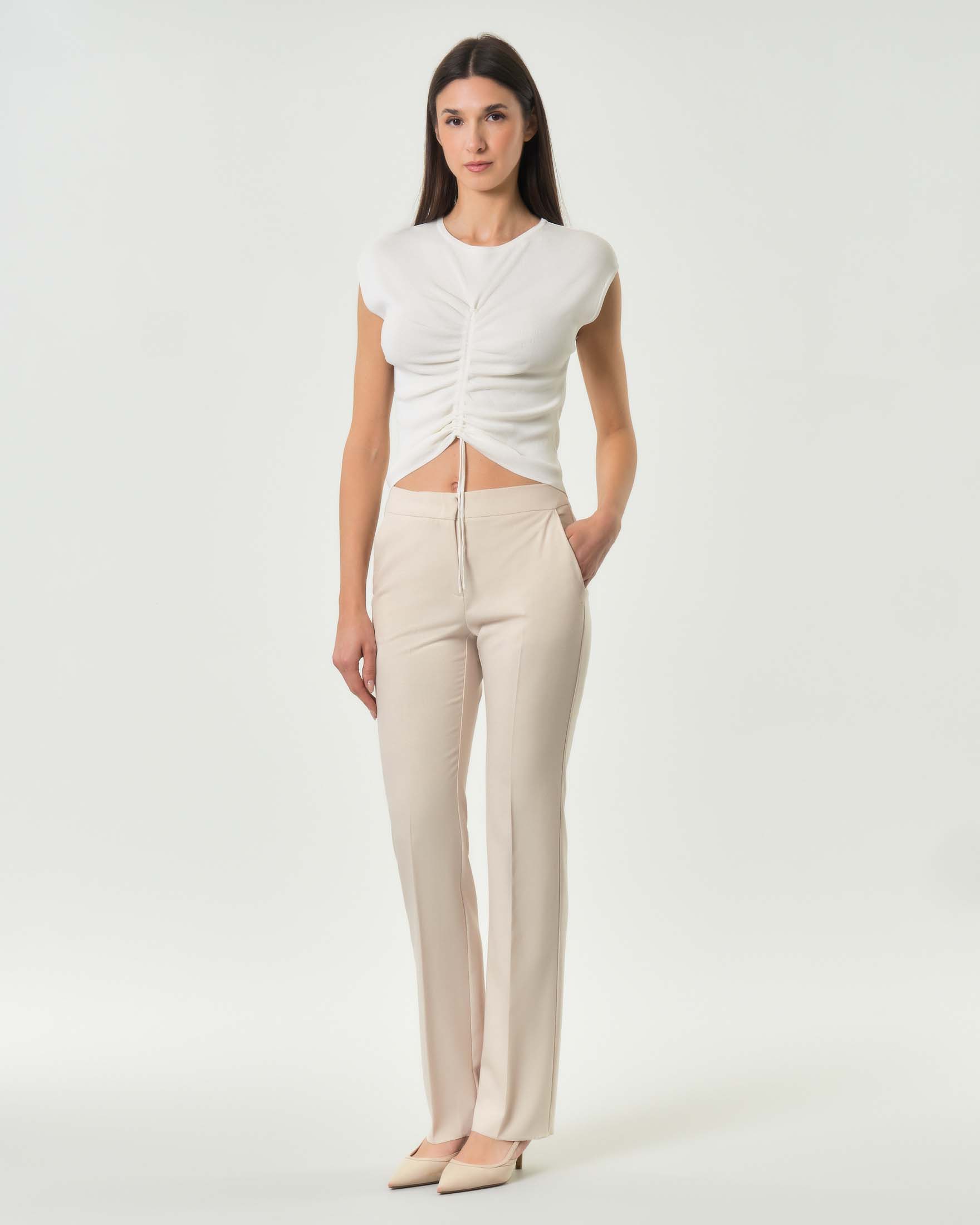 Pantalone morbido dritto color avorio Emme Marella in viscosa stretch con filo di lamè