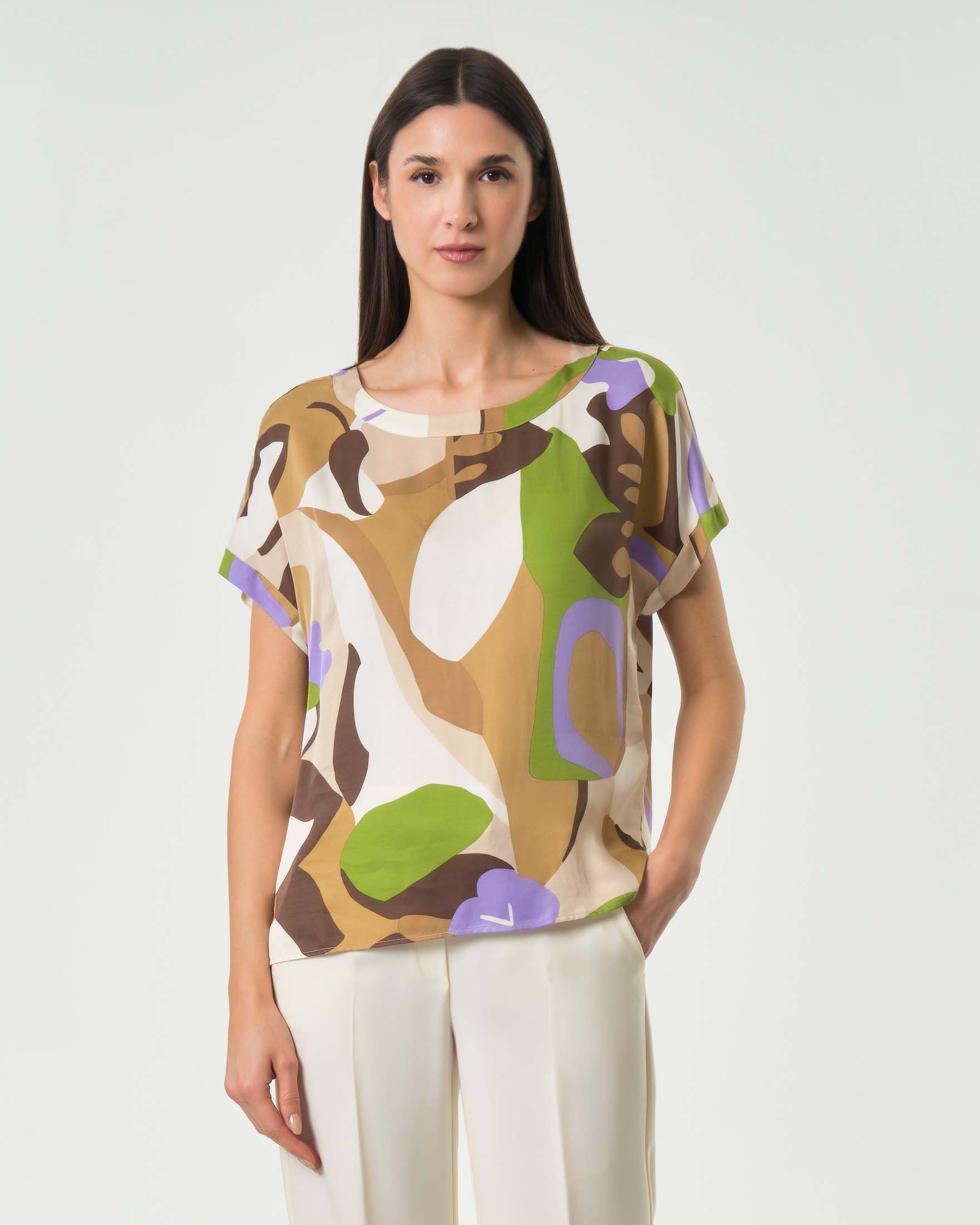 Blusa maniche corte multicolor in twill stampato con scollo stondato