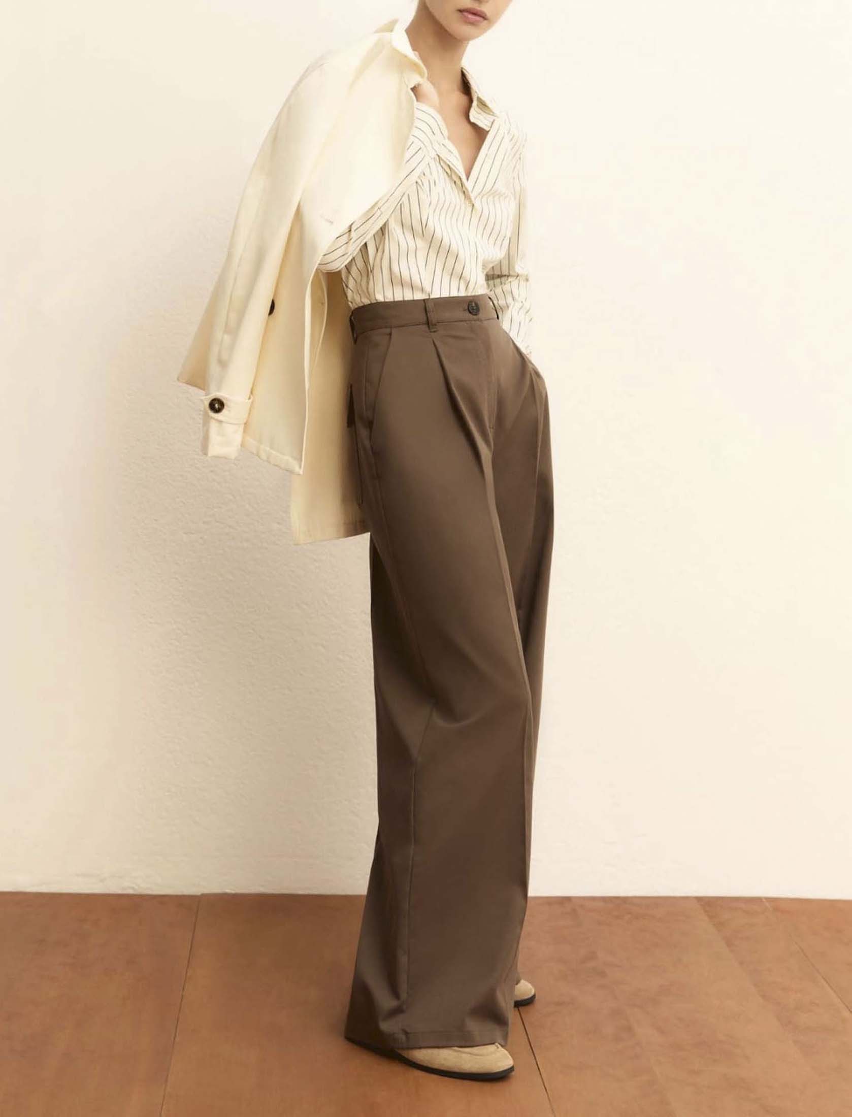 Pantalone in raso di cotone color testa di moro in raso di cotone stretch