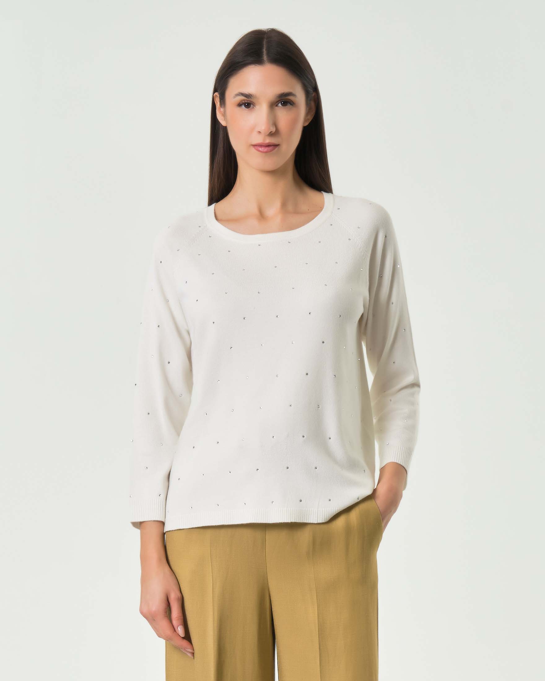 Maglia maniche lunghe bianca in misto viscosa con strass e spacchetti laterali