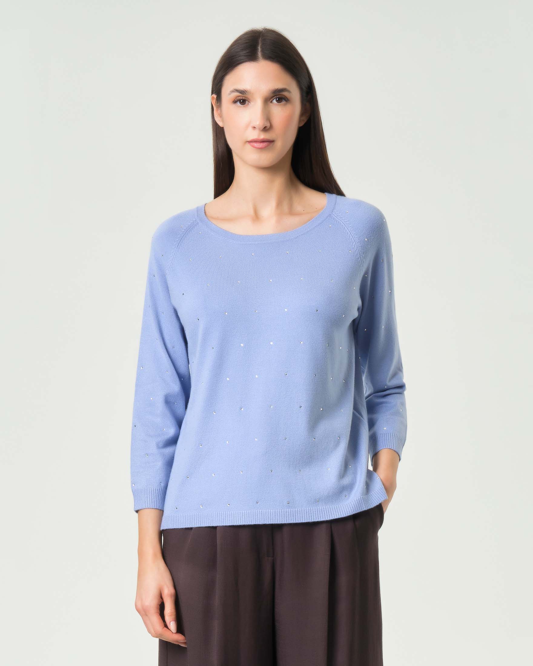 Maglia maniche lunghe azzurra in misto viscosa con strass e spacchetti laterali