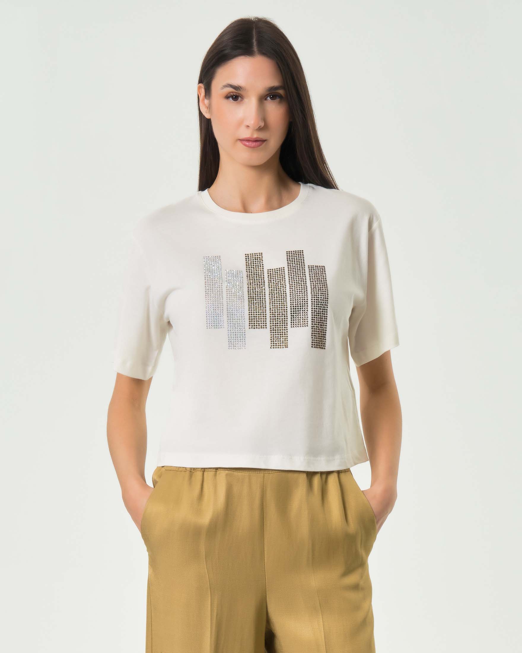 T-shirt maniche corte bianca cropped in cotone con decorazione in strass oro