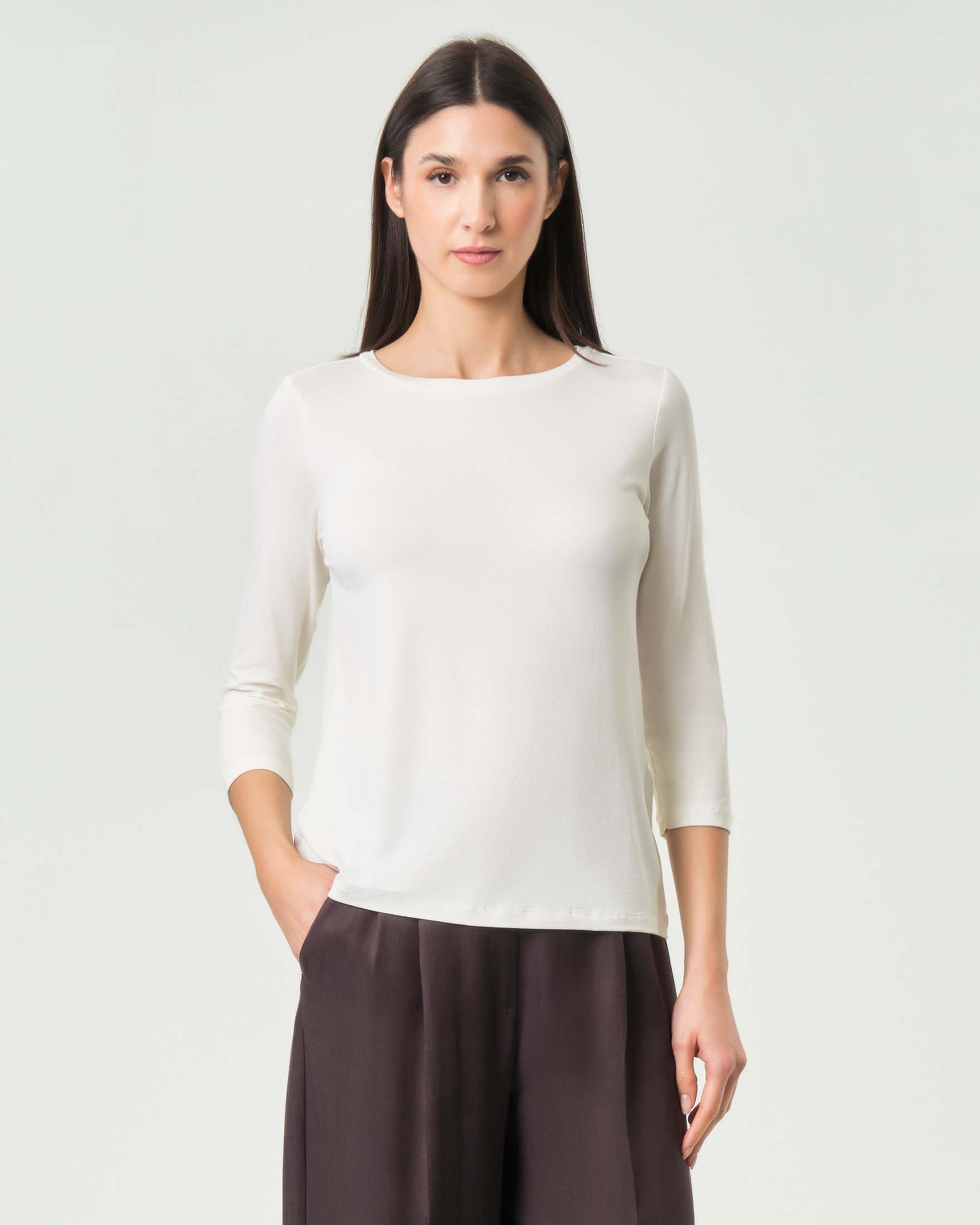 T-shirt girocollo con maniche a tre quarti bianca in jersey stretch