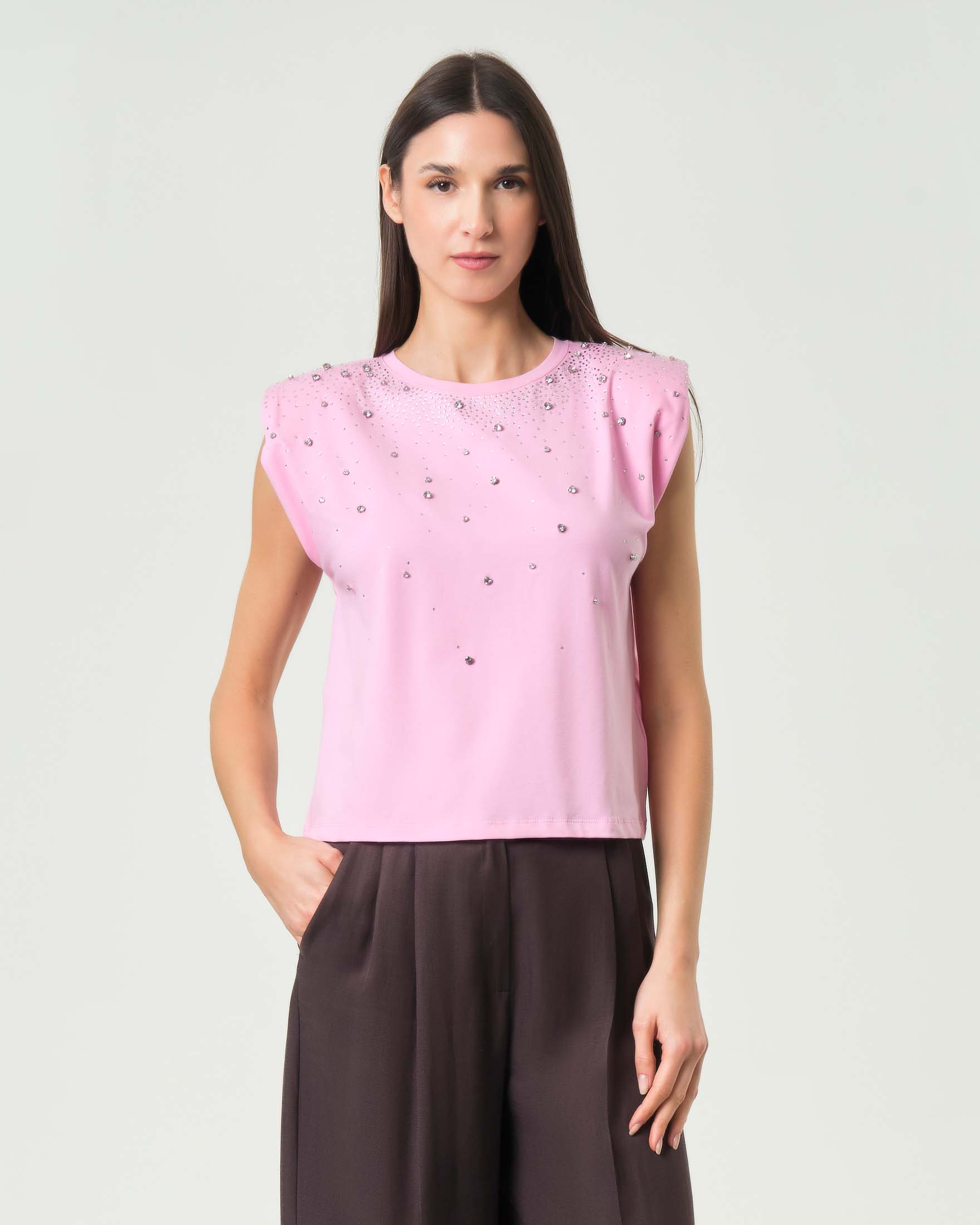 T-shirt smanicata rosa Emme Marella con cristalli e spalline imbottite