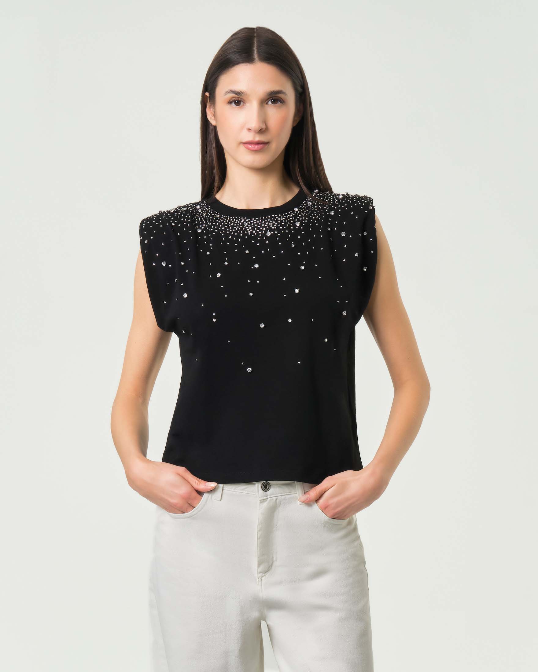 T-shirt smanicata nera Emme Marella con cristalli e spalline imbottite