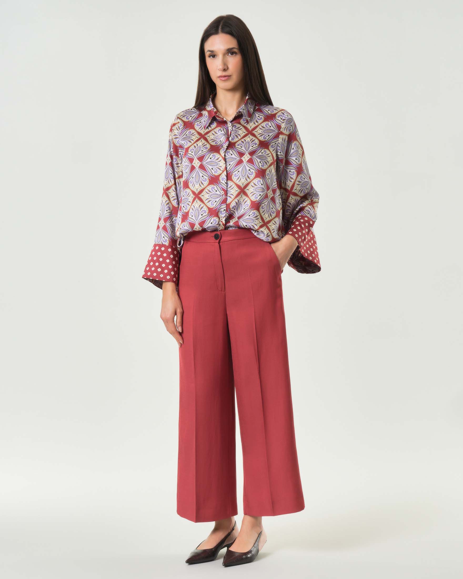 Pantaloni dritti color ruggine in lino e viscosa
