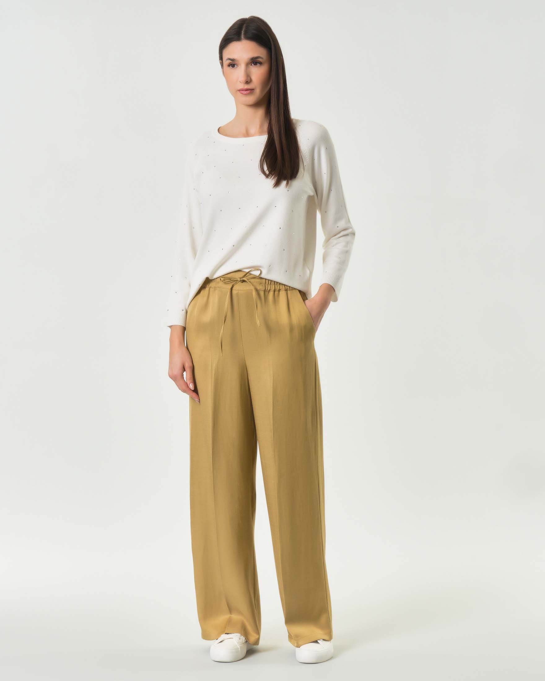 Emme Marella — Pantaloni a palazzo Emme Marella color cammello in twill di viscosa e lino con arricciatura in vita