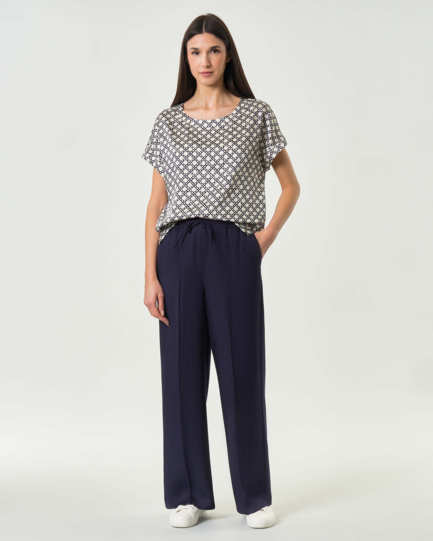 Pantaloni a palazzo blu in twill di viscosa e lino con arricciatura in vita