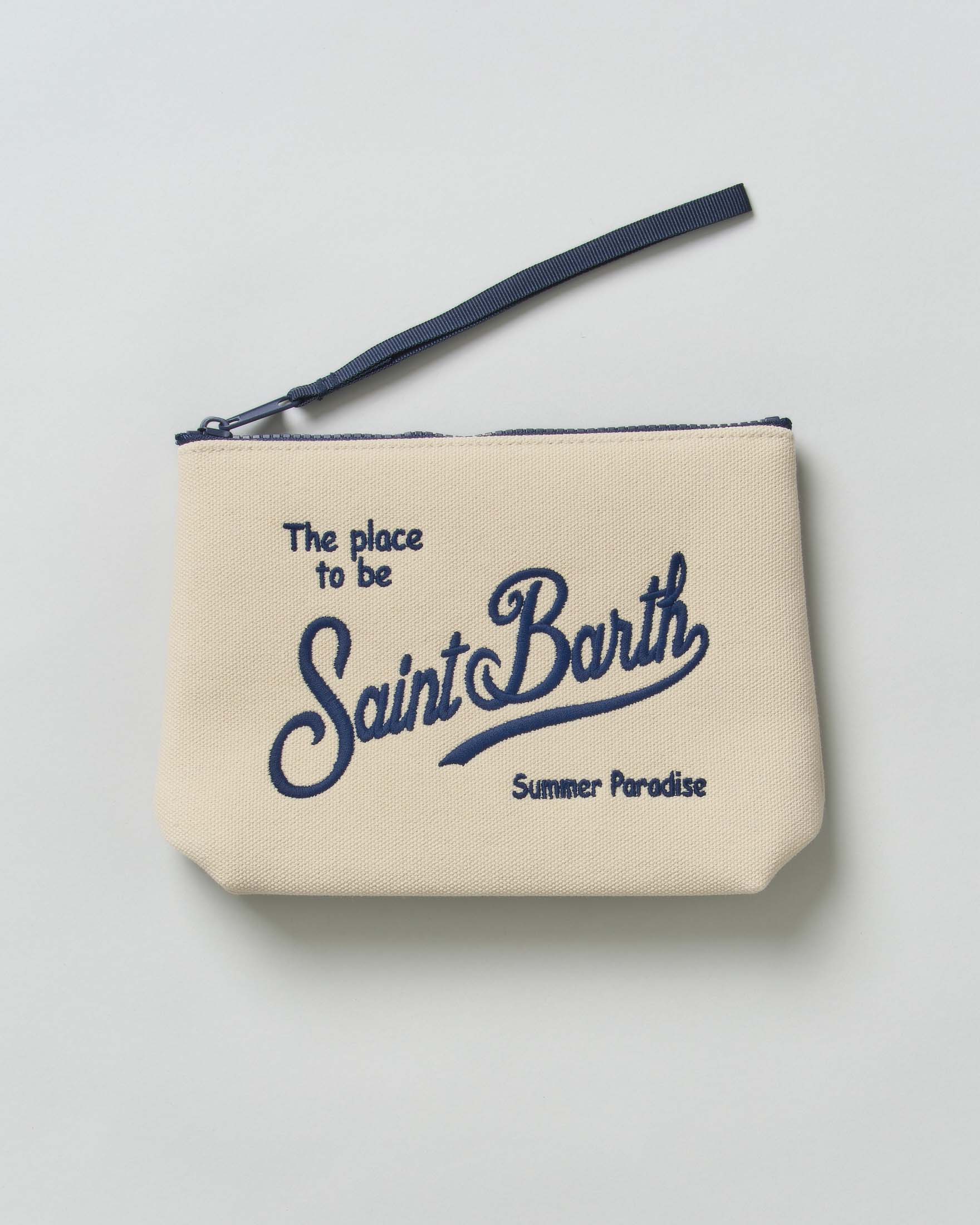 Pochette MC2 Saint Barth panna in canvas di cotone con scritta logo rimata a contrasto