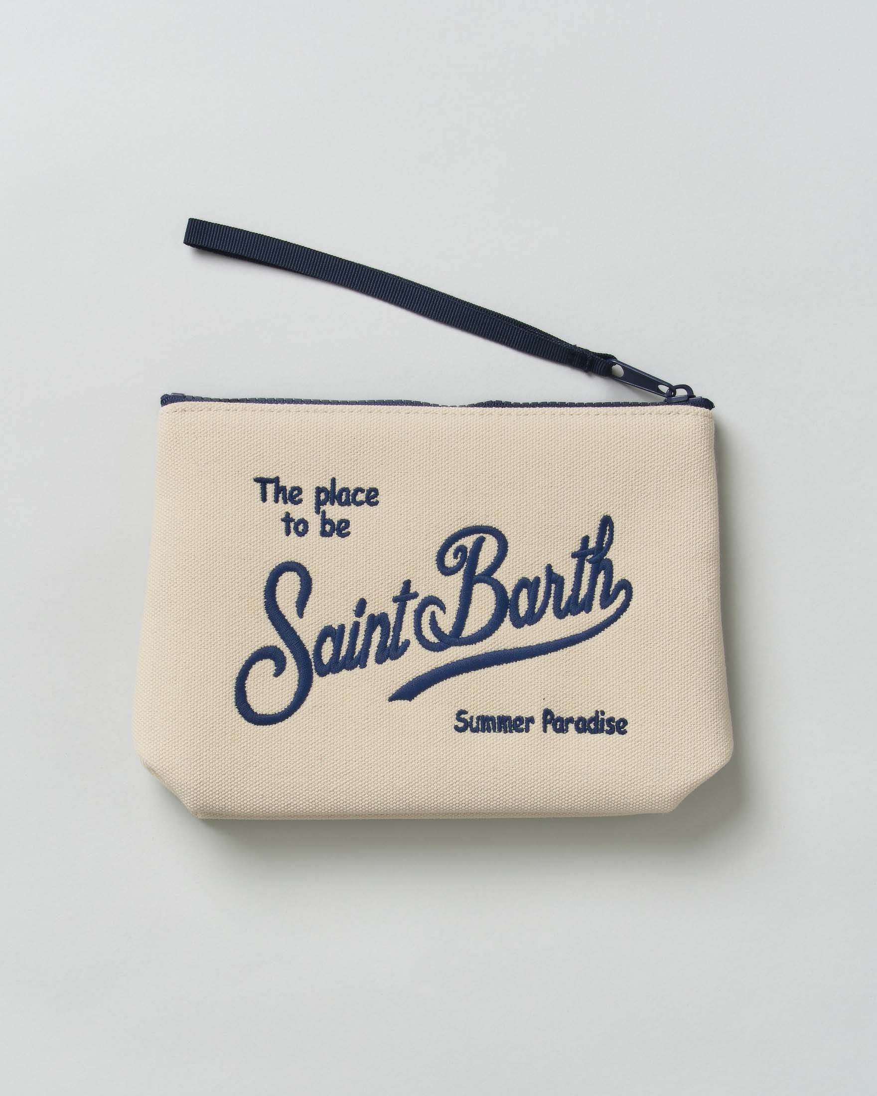 Pochette MC2 Saint Barth panna in canvas di cotone con scritta logo rimata a contrasto image