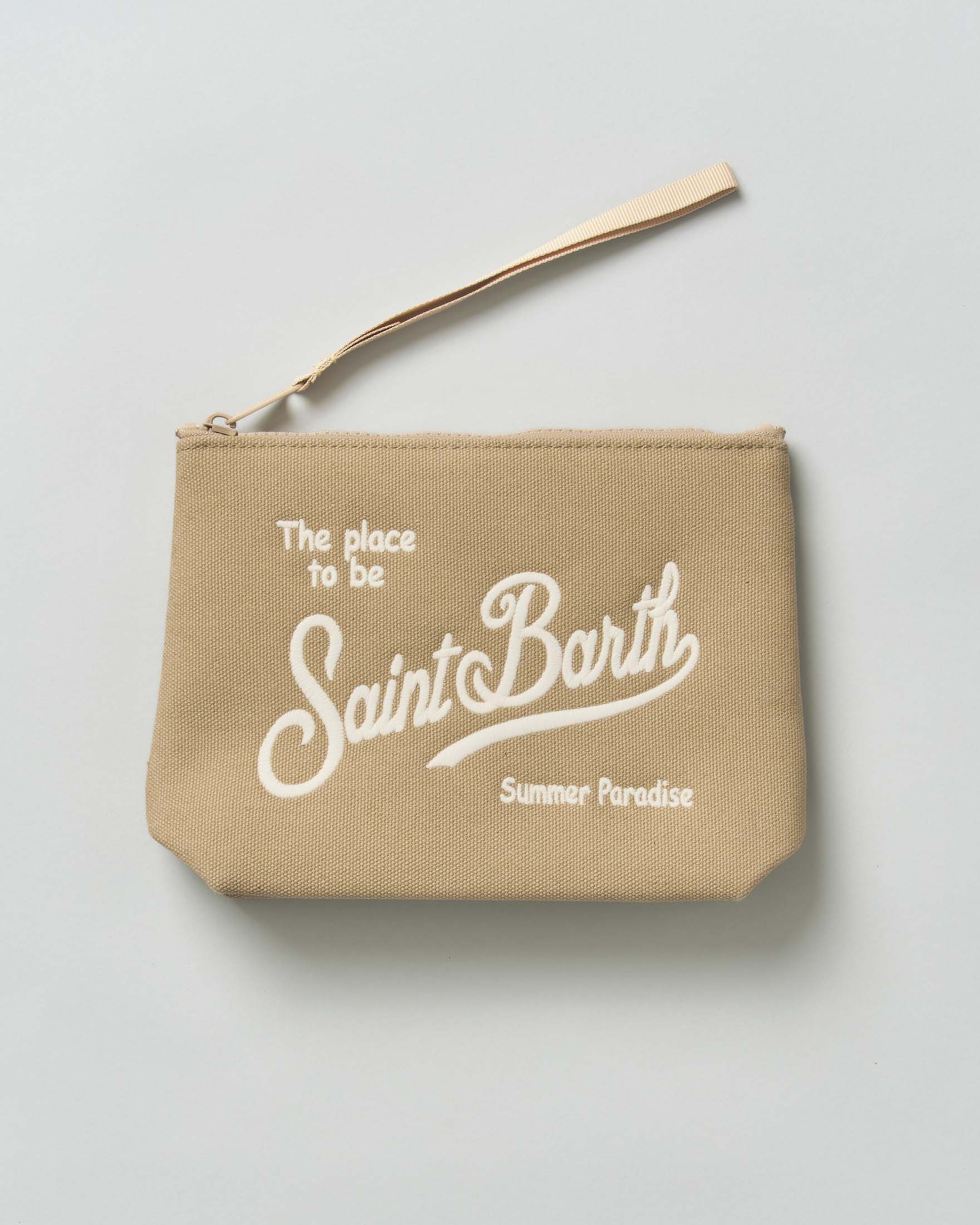 Pochette MC2 Saint Barth color sabbia in canvas di cotone con scritta logo rimata a contrasto
