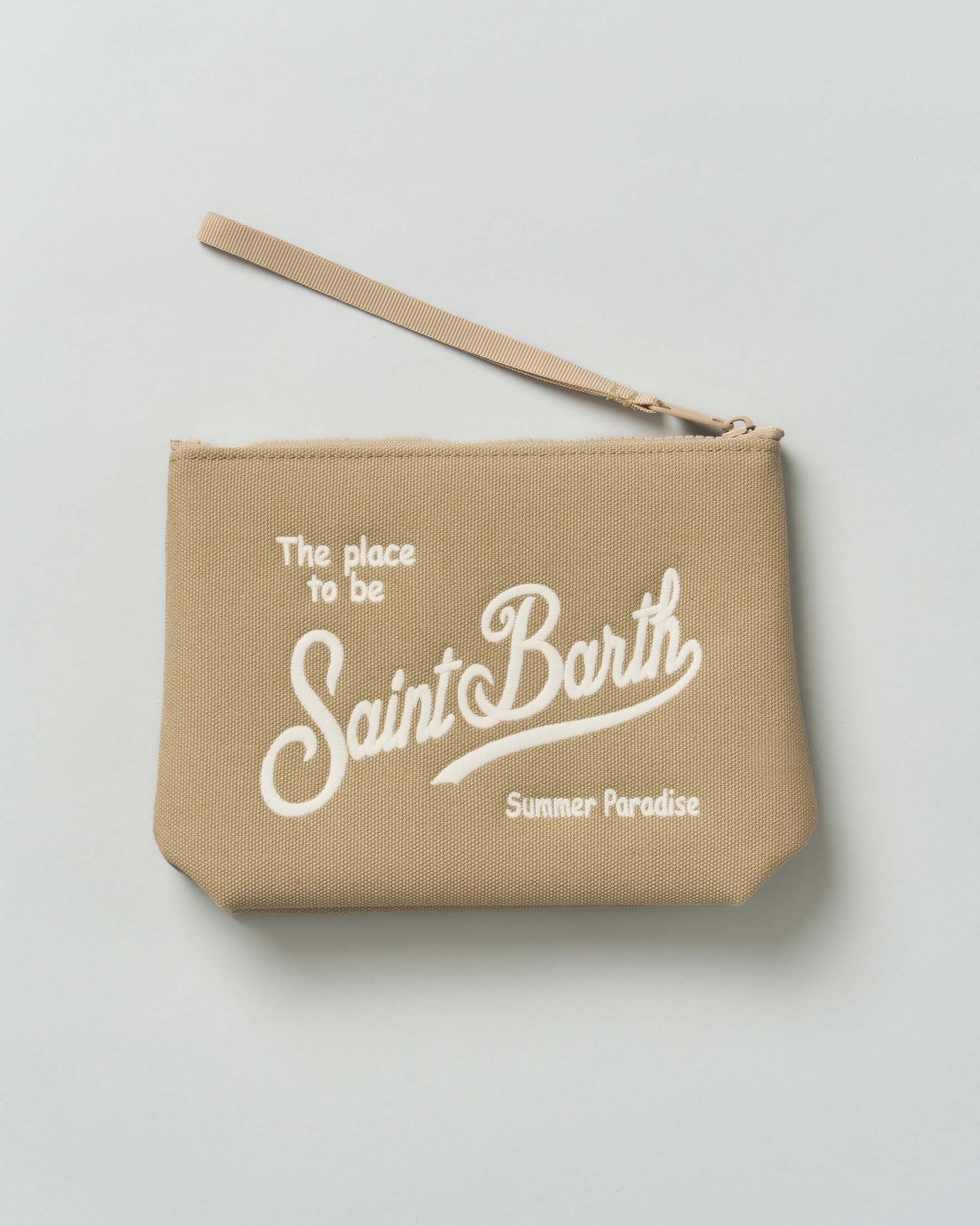 Pochette MC2 Saint Barth color sabbia in canvas di cotone con scritta logo rimata a contrasto image
