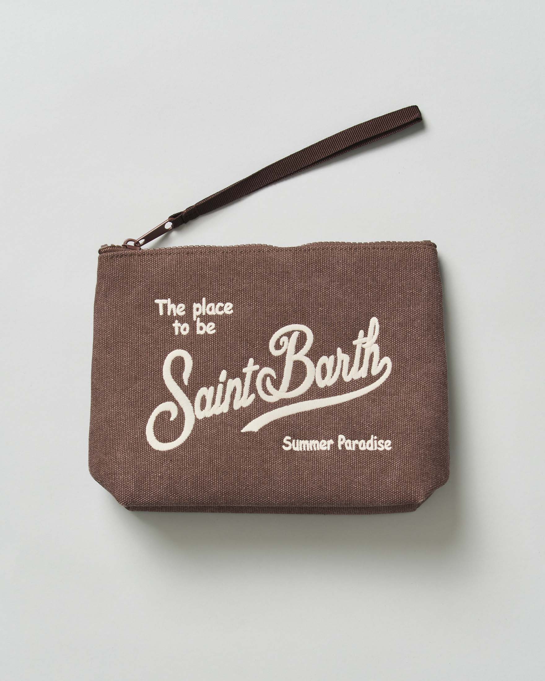 Pochette MC2 Saint Barth marrone in canvas di cotone con scritta logo rimata a contrasto