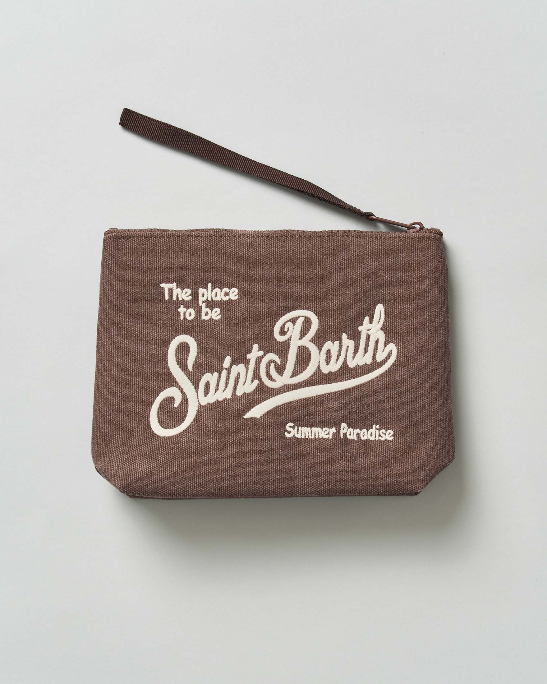 Pochette MC2 Saint Barth marrone in canvas di cotone con scritta logo rimata a contrasto image