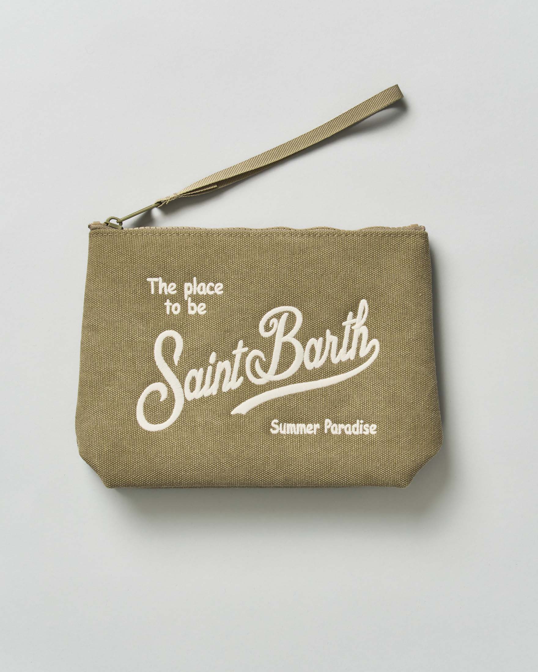 Pochette MC2 Saint Barth verde militare in canvas di cotone con scritta logo rimata a contrasto