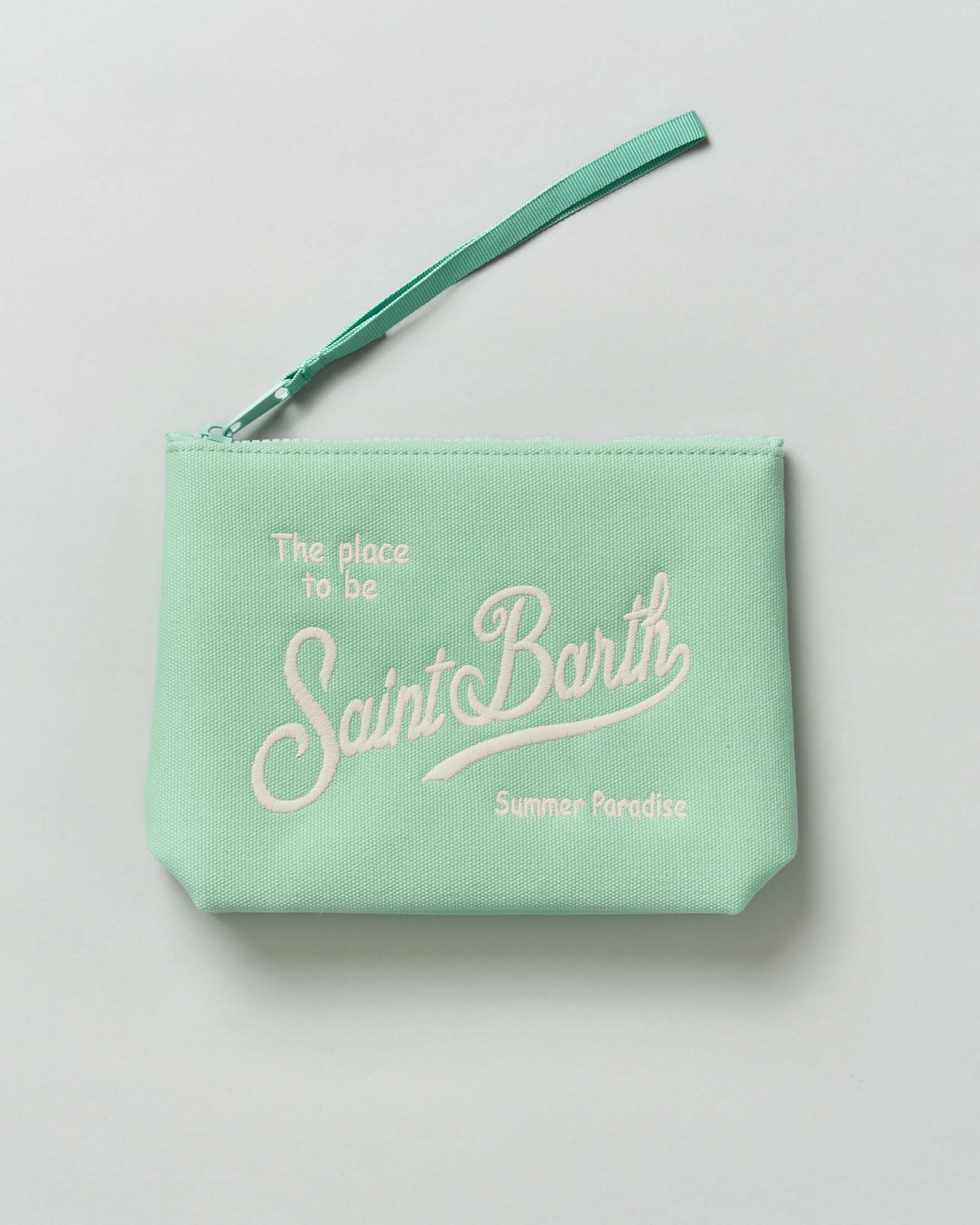 Pochette MC2 Saint Barth verde acqua in canvas di cotone con scritta logo rimata a contrasto