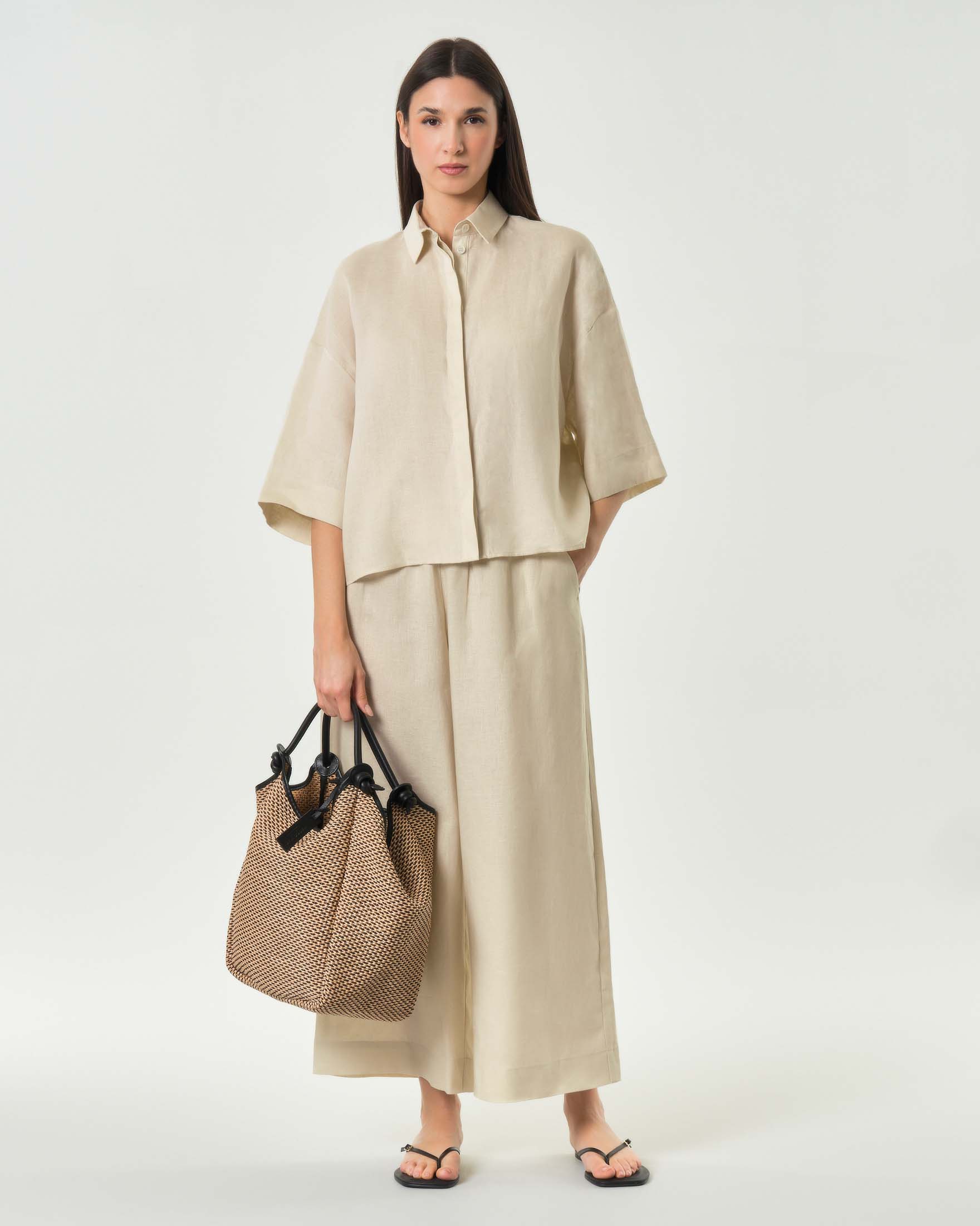 Pantaloni dritti MM beige in tela di puro lino con vita elasticizzata