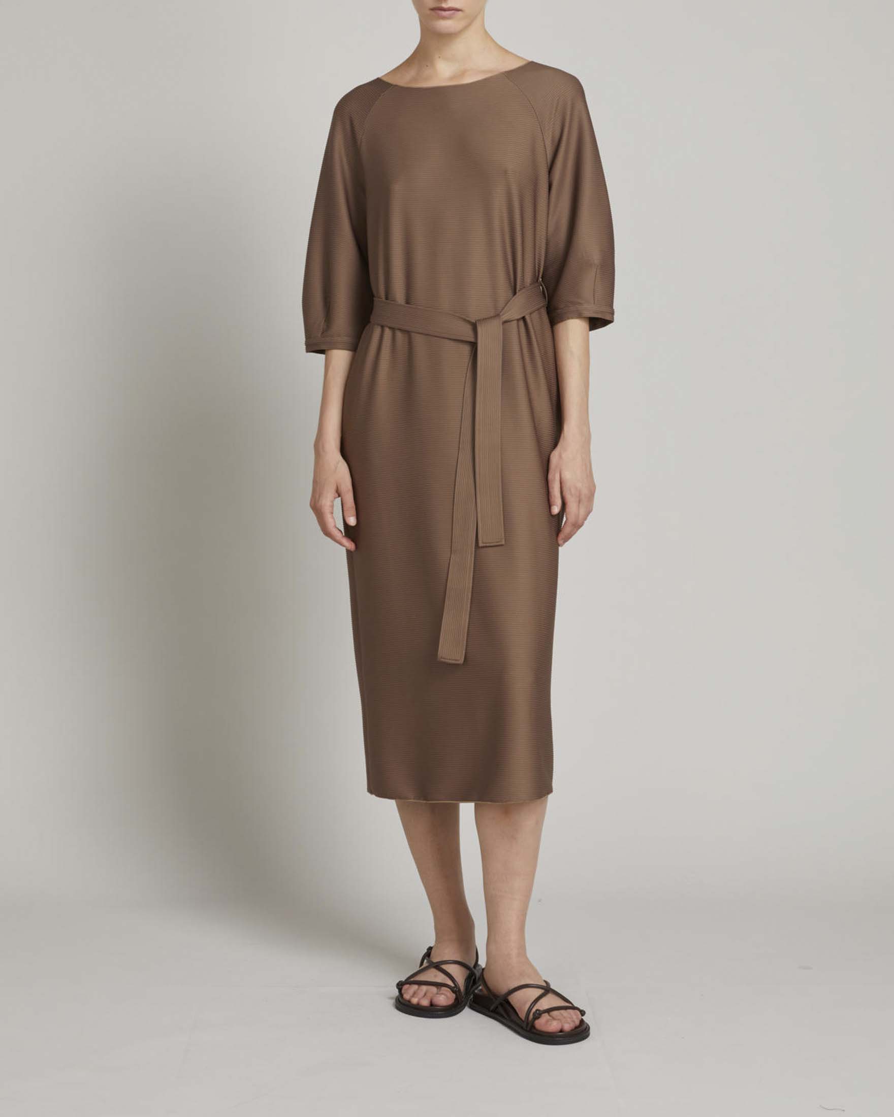 Abito midi con maniche tre quarti MM marrone in ottoman stretch con cintura in abbinata
