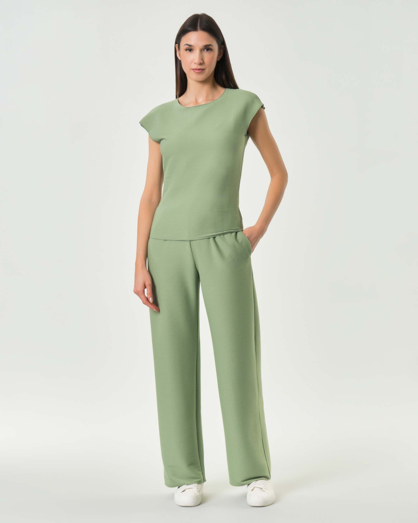 Pantaloni dritti MM Max Mara verdi salvia in ottoman elasticizzato