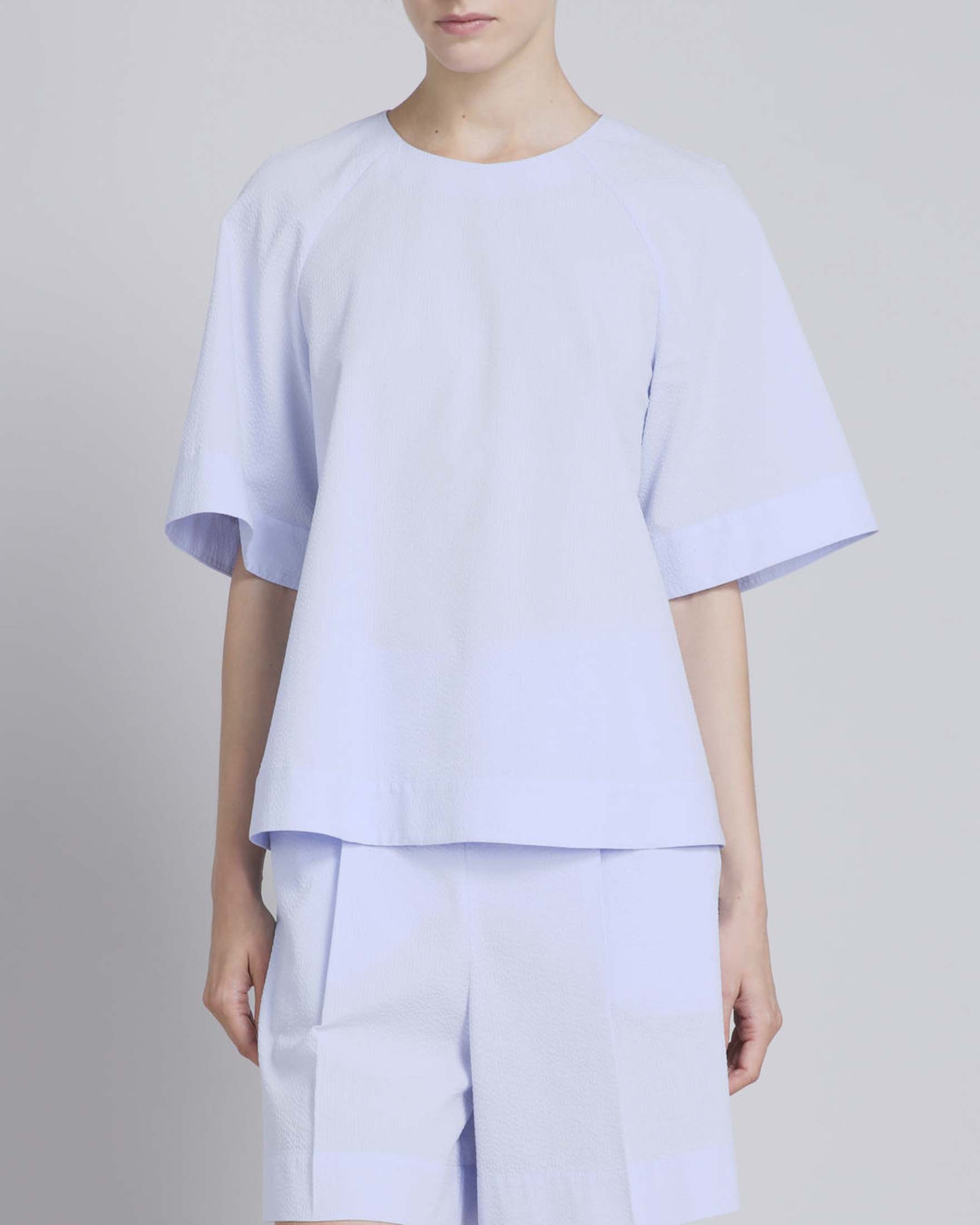 Blusa MM azzurra in seersucker di puro cotone con maniche a tre quarti