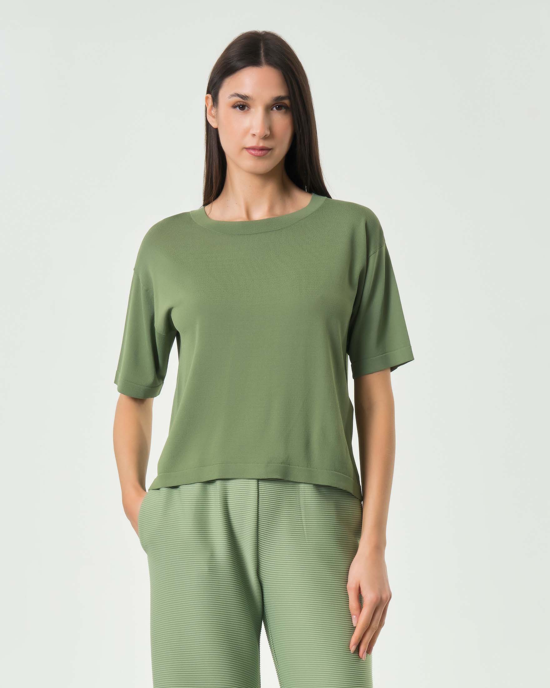Maglia boxy a maniche corte MM Max Mara verde militare in crêpe di viscosa