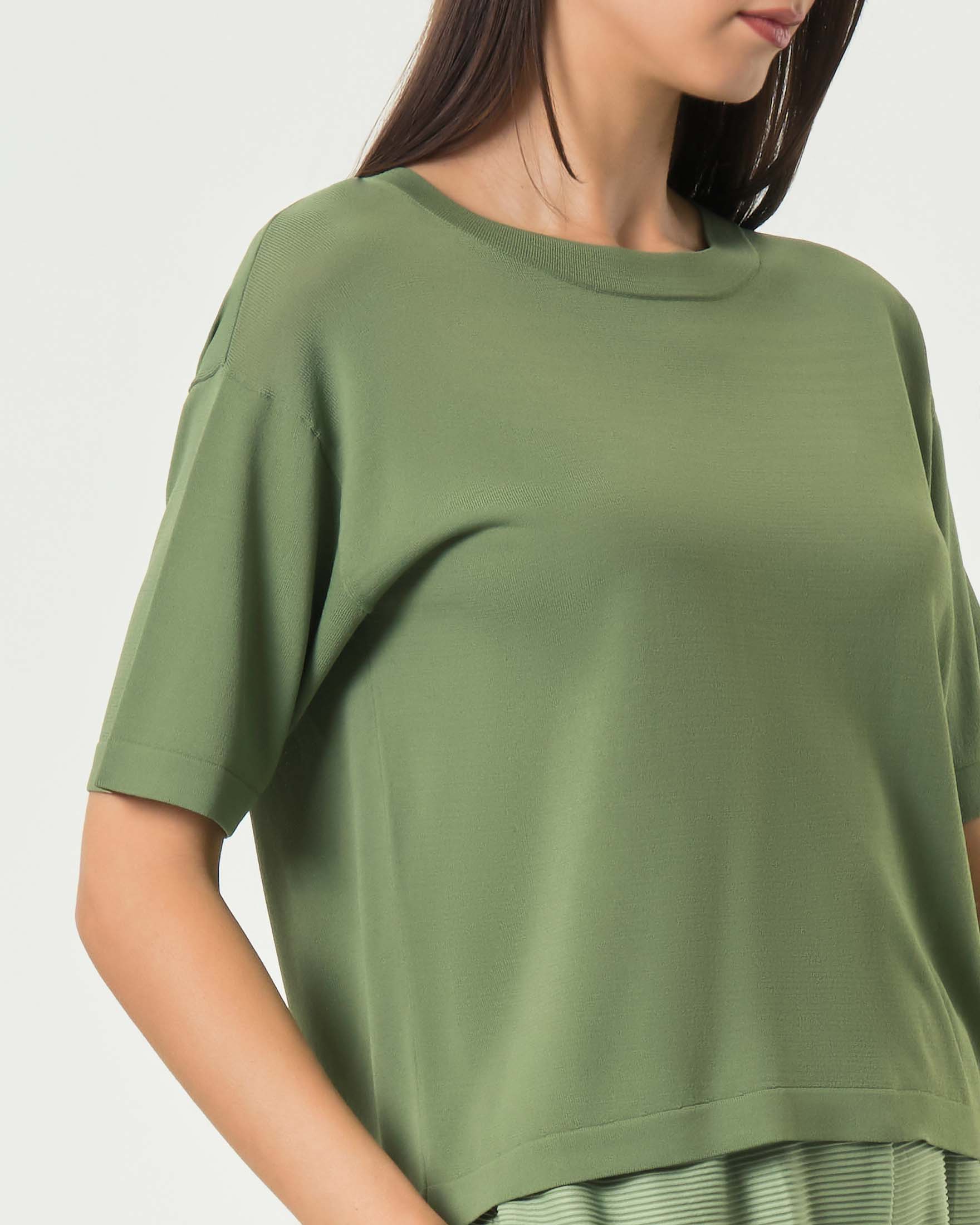 Maglia boxy a maniche corte MM Max Mara verde militare in crêpe di viscosa image