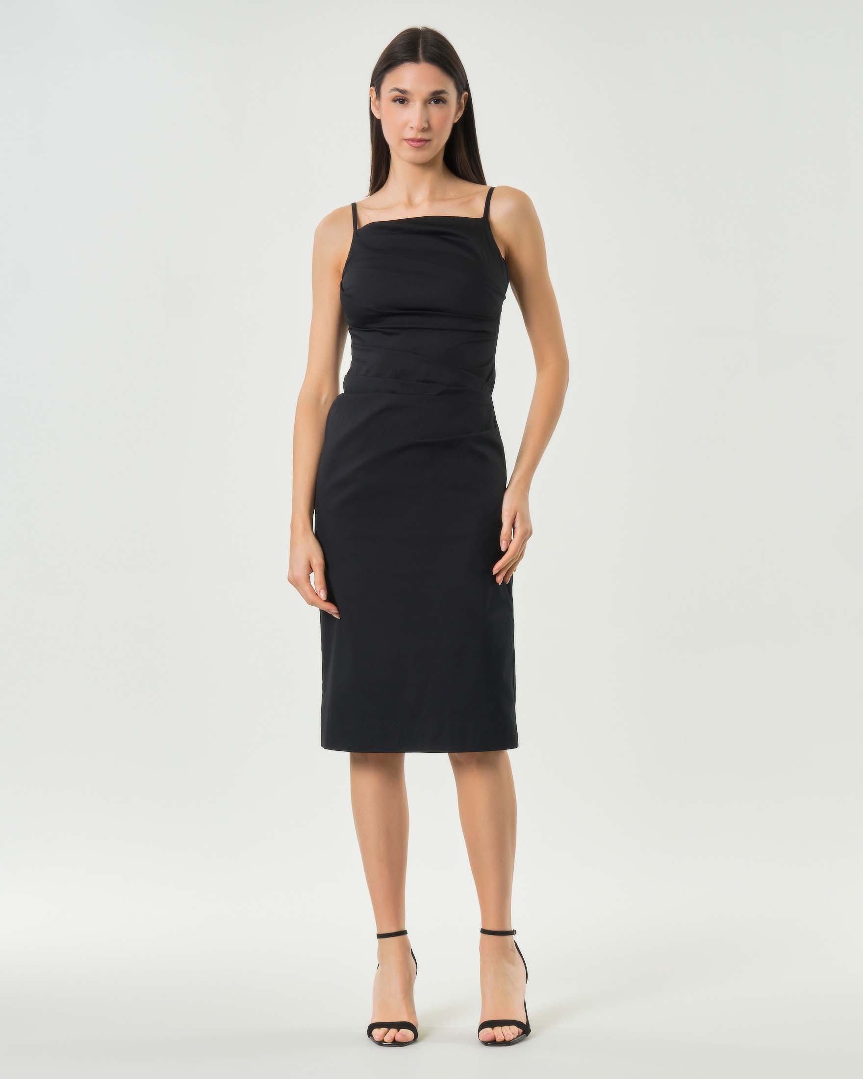 Abito midi nero in cotone stretch con spalline sottili e pieghe decorative