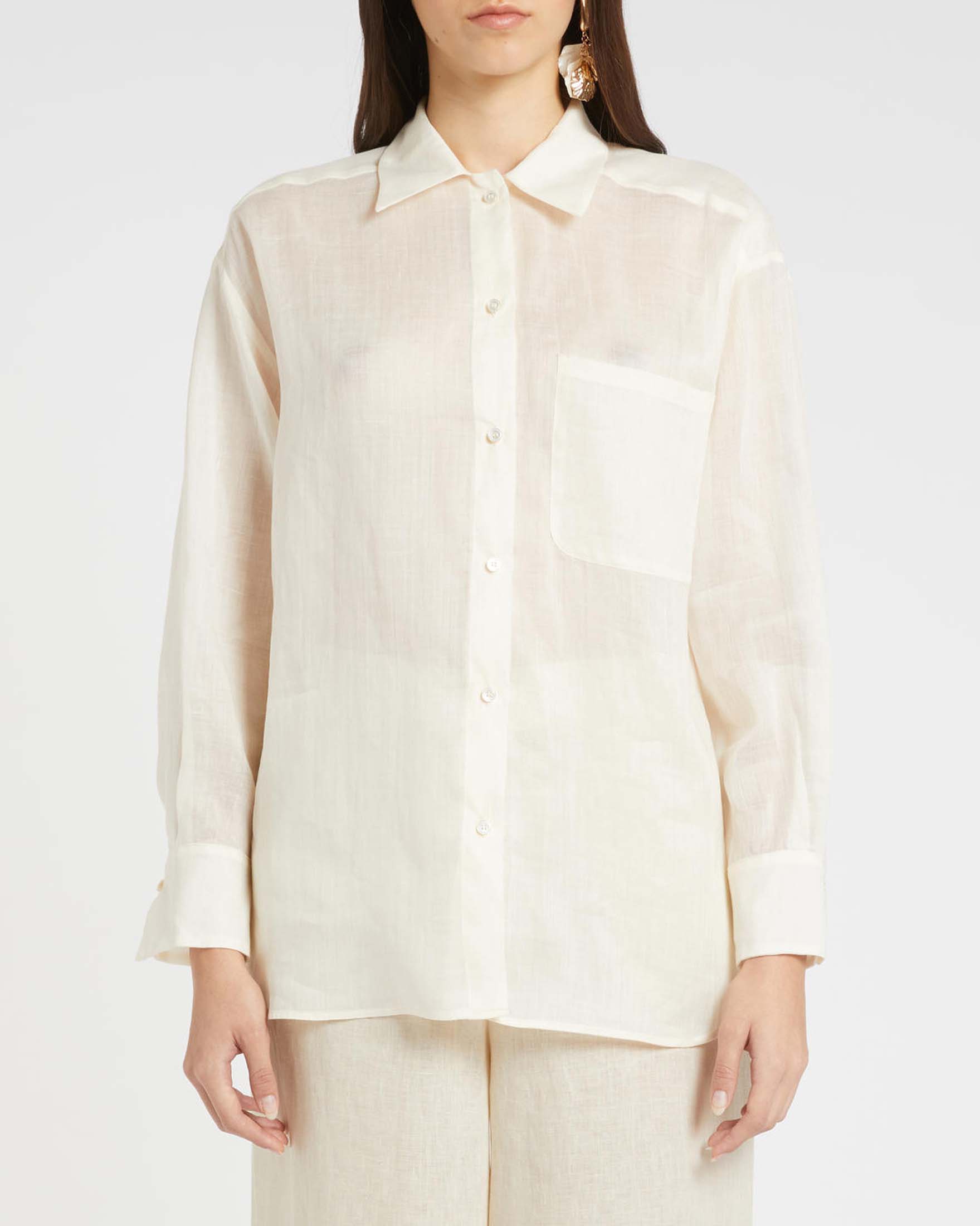 Camicia avorio in puro ramie con taschino al petto