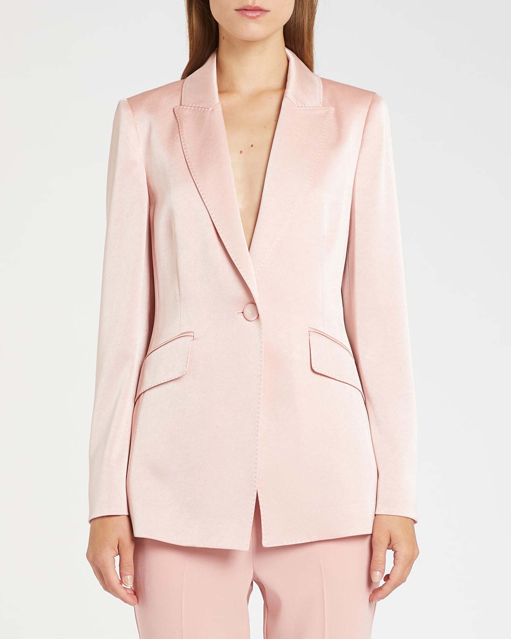 Blazer monopetto cipria in satin con pince e fianchetti sagomati