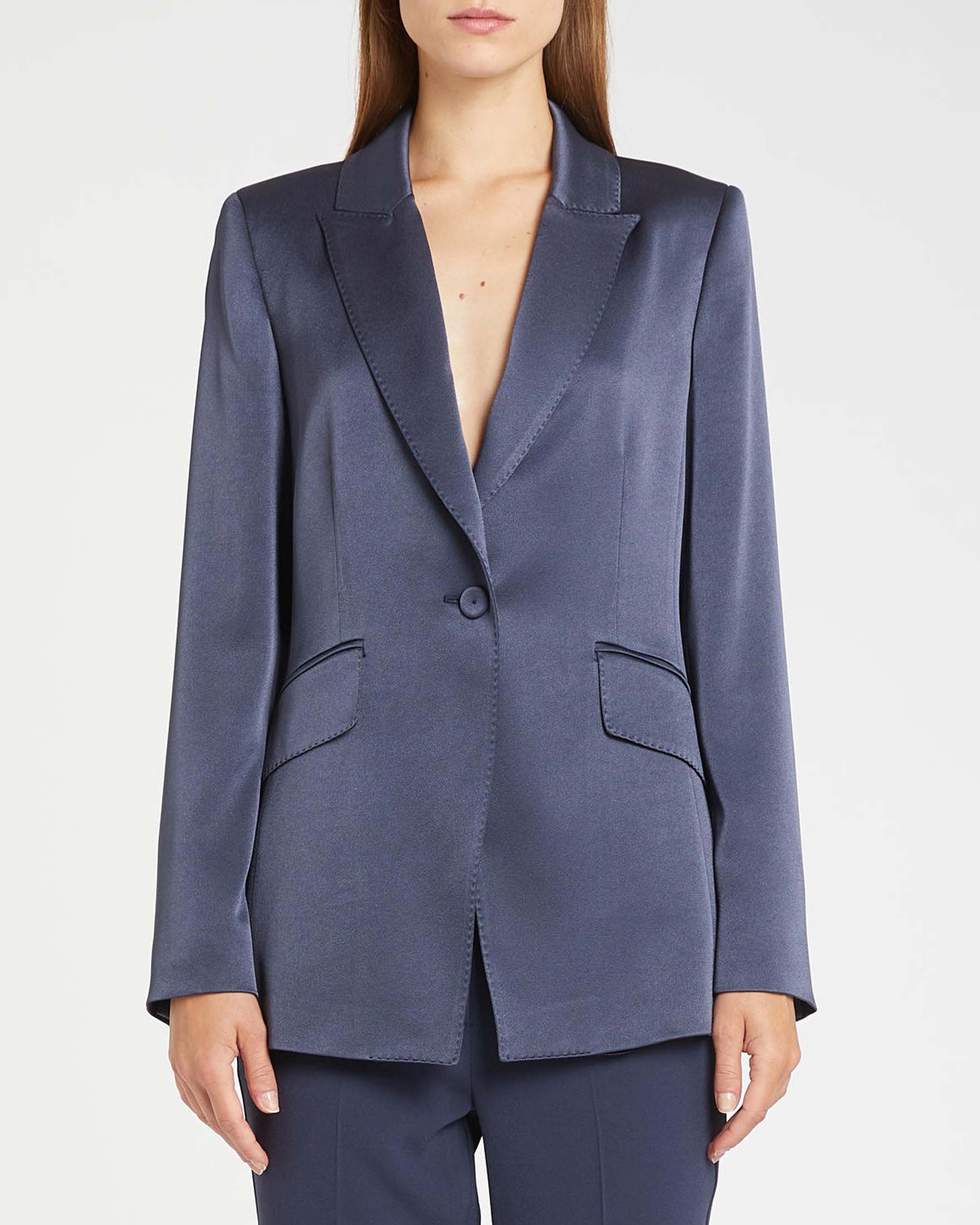 Marella — Blazer monopetto blu Marella in satin con pince e fianchetti sagomati